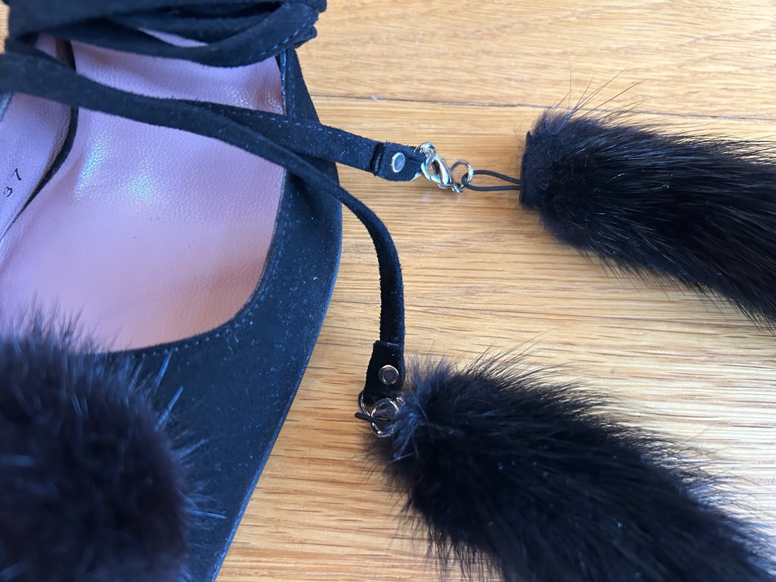 CESARE PACIOTTI Black Suede Pom-Pom Fur Tassels Sandals SZ 7.5 IT 37.5 Excellent