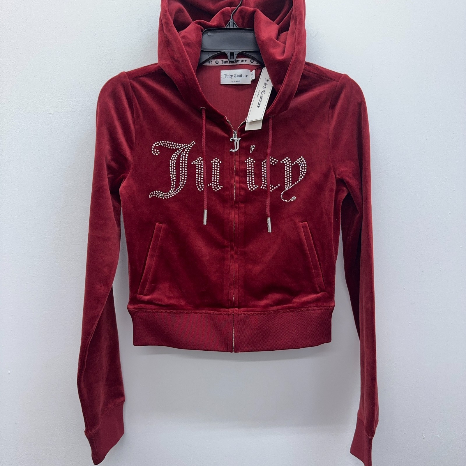 Juicy Couture Red Velour Bling Front Full Zip Hoodie Women’s Size XS NEW