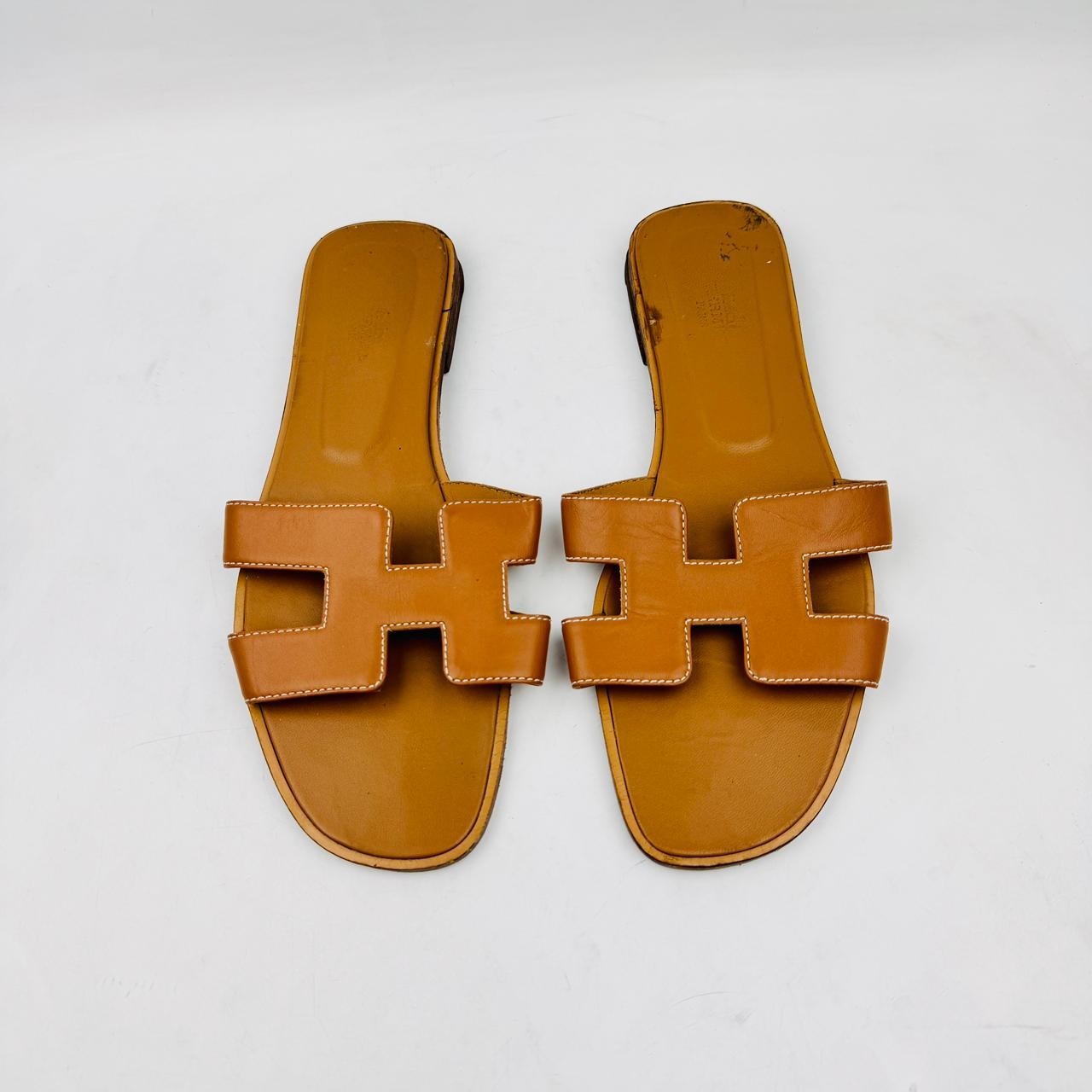 Hermes Oran H Slide Sandals Gold Tan Leather Womens EU 41 US 10.5 Italy Luxury