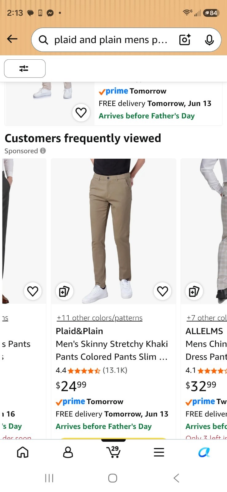 Plaid&Plain Men’s Skinny Fit Khaki Chino Pants 38W Tapered Flat Front