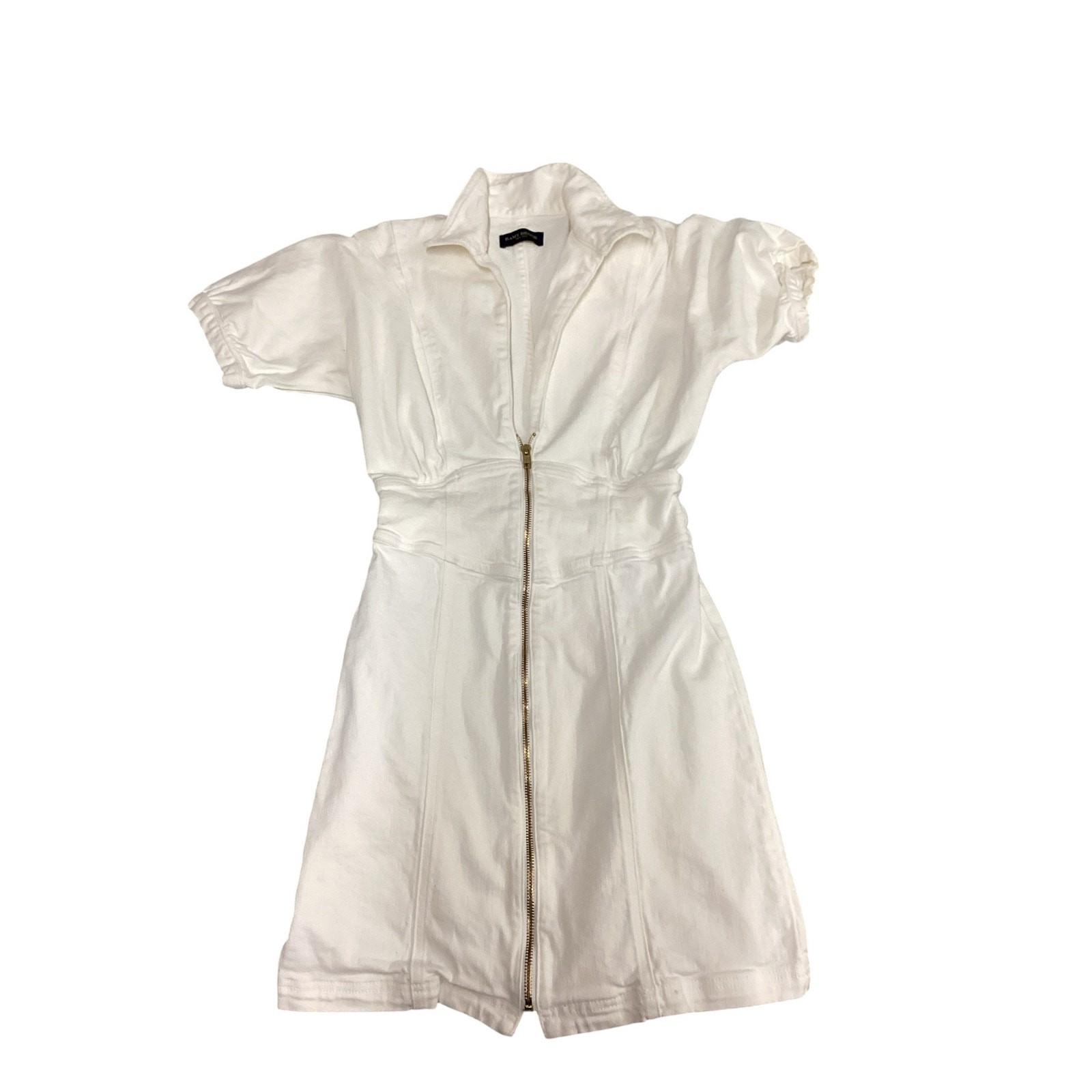 Ramy Brook White Denim Zip Front Mini Dress | Puff Sleeve | Size 26 Made in USA