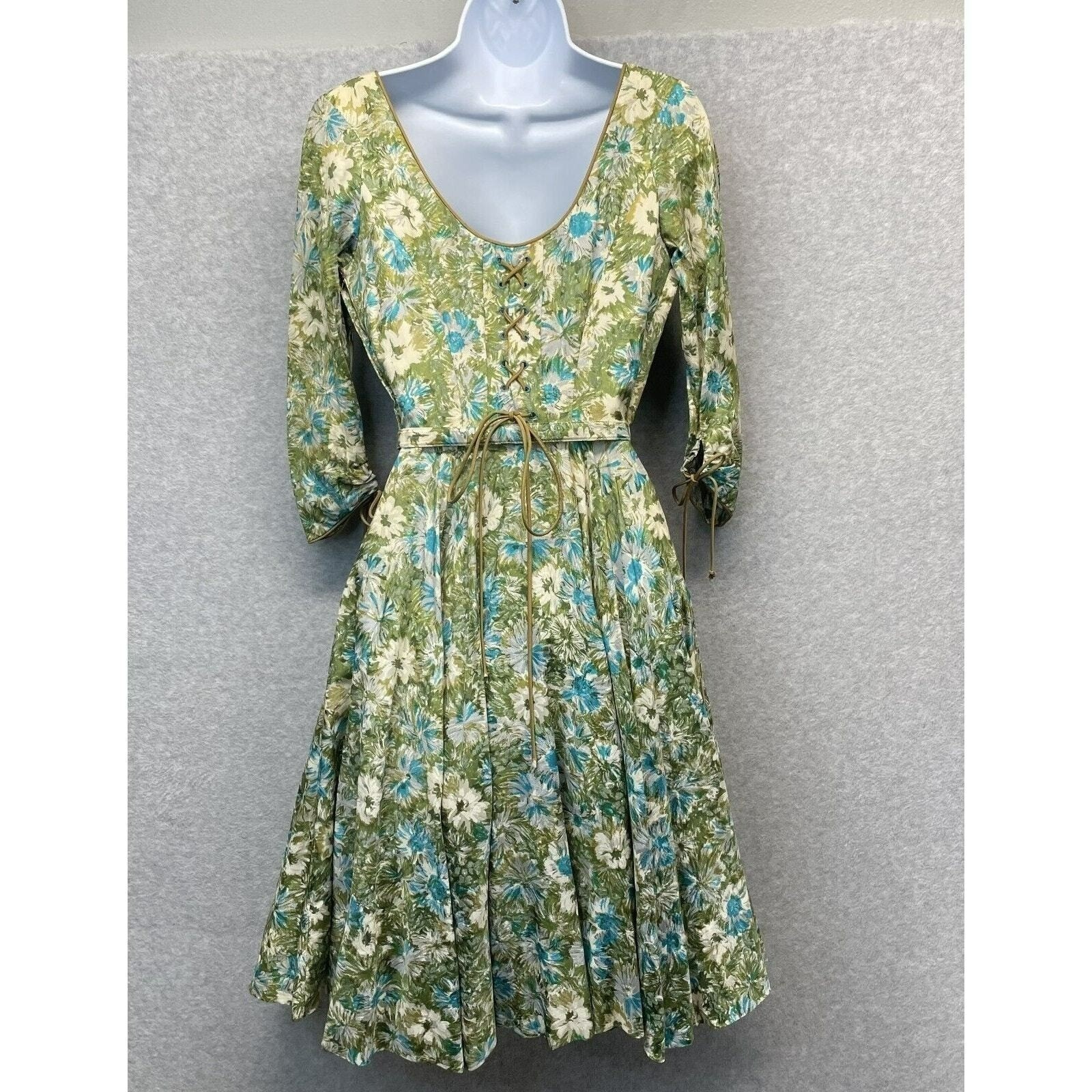 Dance Time by Phyllis Vintage Dress Womens XS/S Green Floral 1950’s Full Sweep