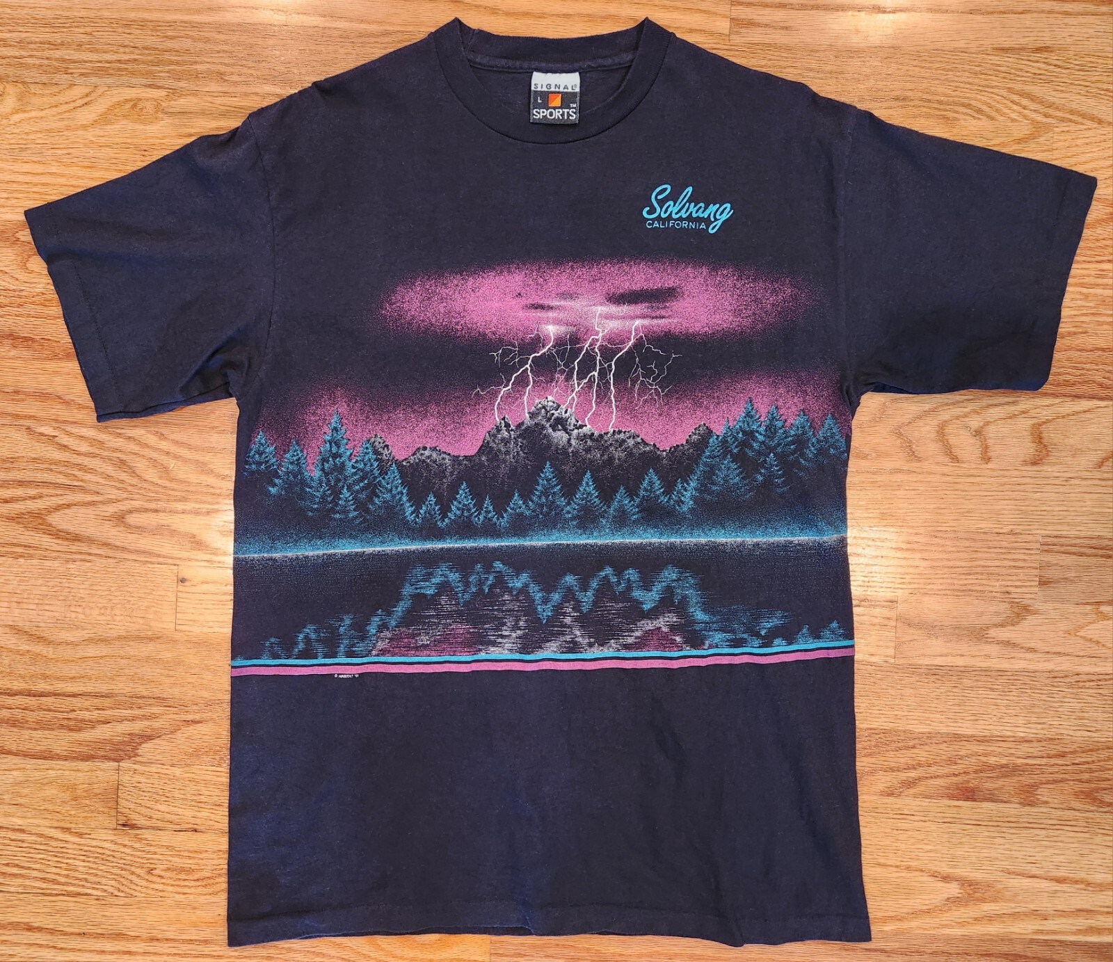 Lightning Thunder All Over Print Shirt L Used 1991 Signal Sports AOP 90s Solvang