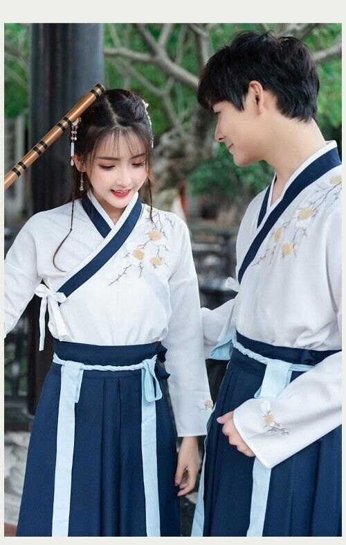 Chinese Dress Korean Hanfu White Blue Men Women Dress Cosplay Embroidery Kimono