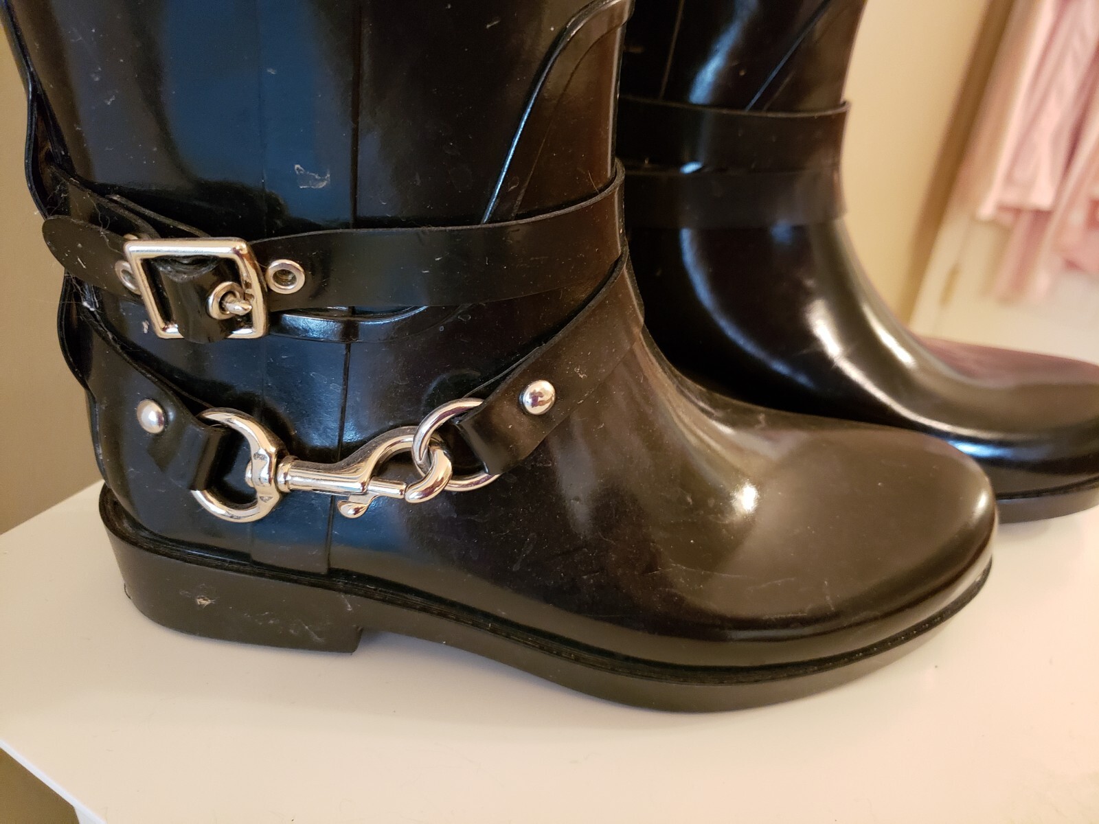 🖤COACH 🖤LORI🖤 BLACK Tall Rubber Rain Boots, Size 5, Pull On, Silver Buckle