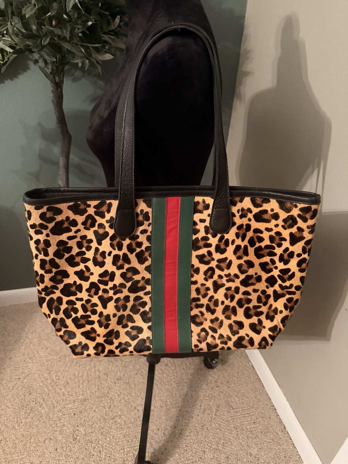 Women’s Leopard Animal Print Tote Bag w/ Stripe Accent, Double Handles, Open Top