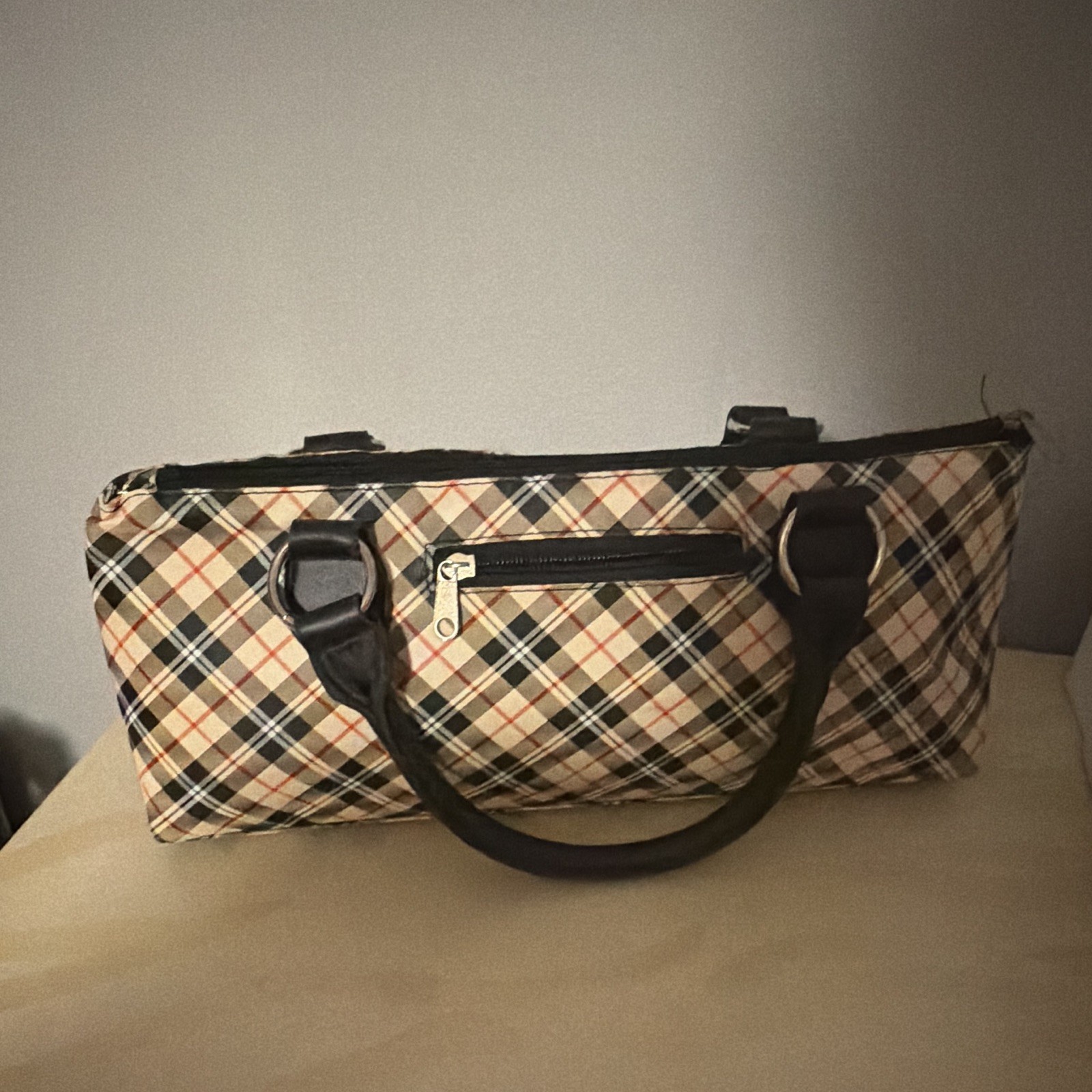 Women’s Beige/Red/Black Plaid Satchel Top Handle Bag Zip Closure Double Handles