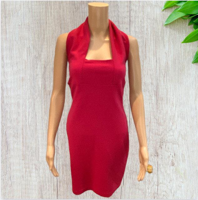 DAVID BENJAMIN COLLECTION — Halter Dress, Red, Backless, Form Fitting, Stretch