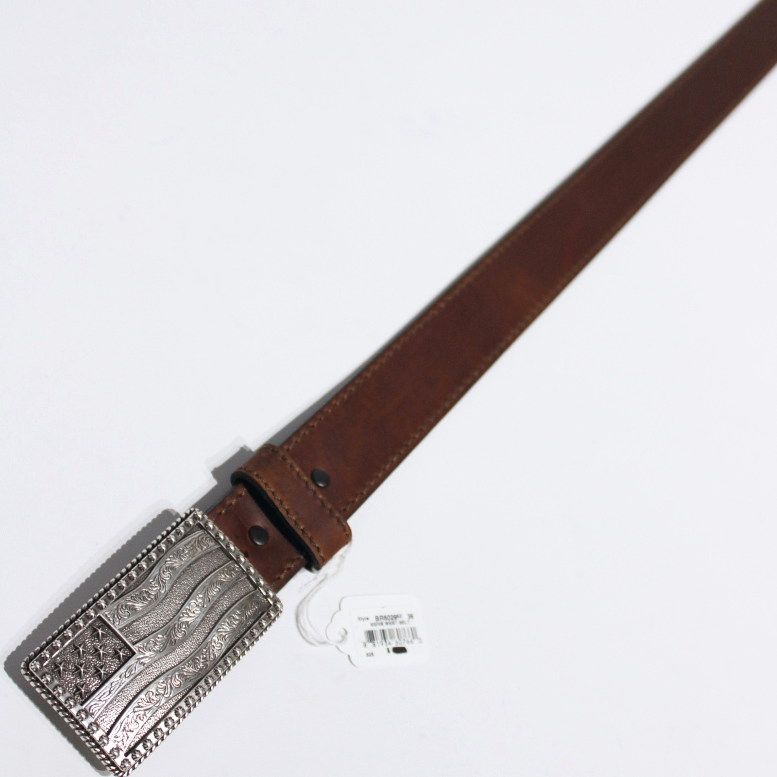 NWT Justin USA American Flag Brown Leather Western Belt Men Size 36 (45″ x 1.5″)