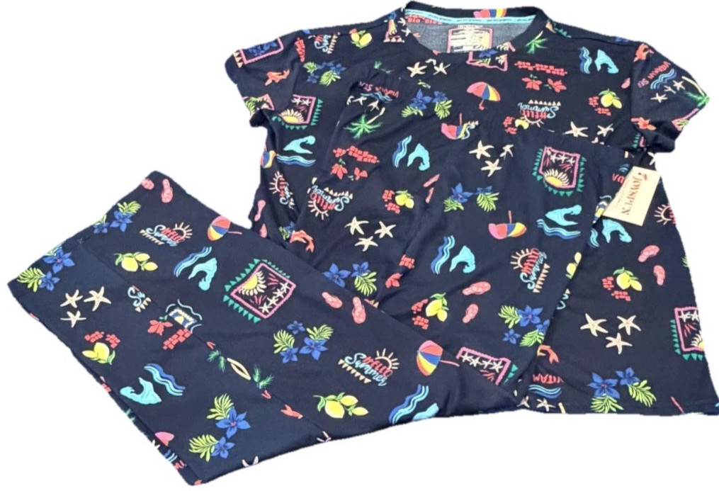 NWT Joyspun Dreamy Soft Pajama Set Medium Tropical Blue Pockets Loungewear