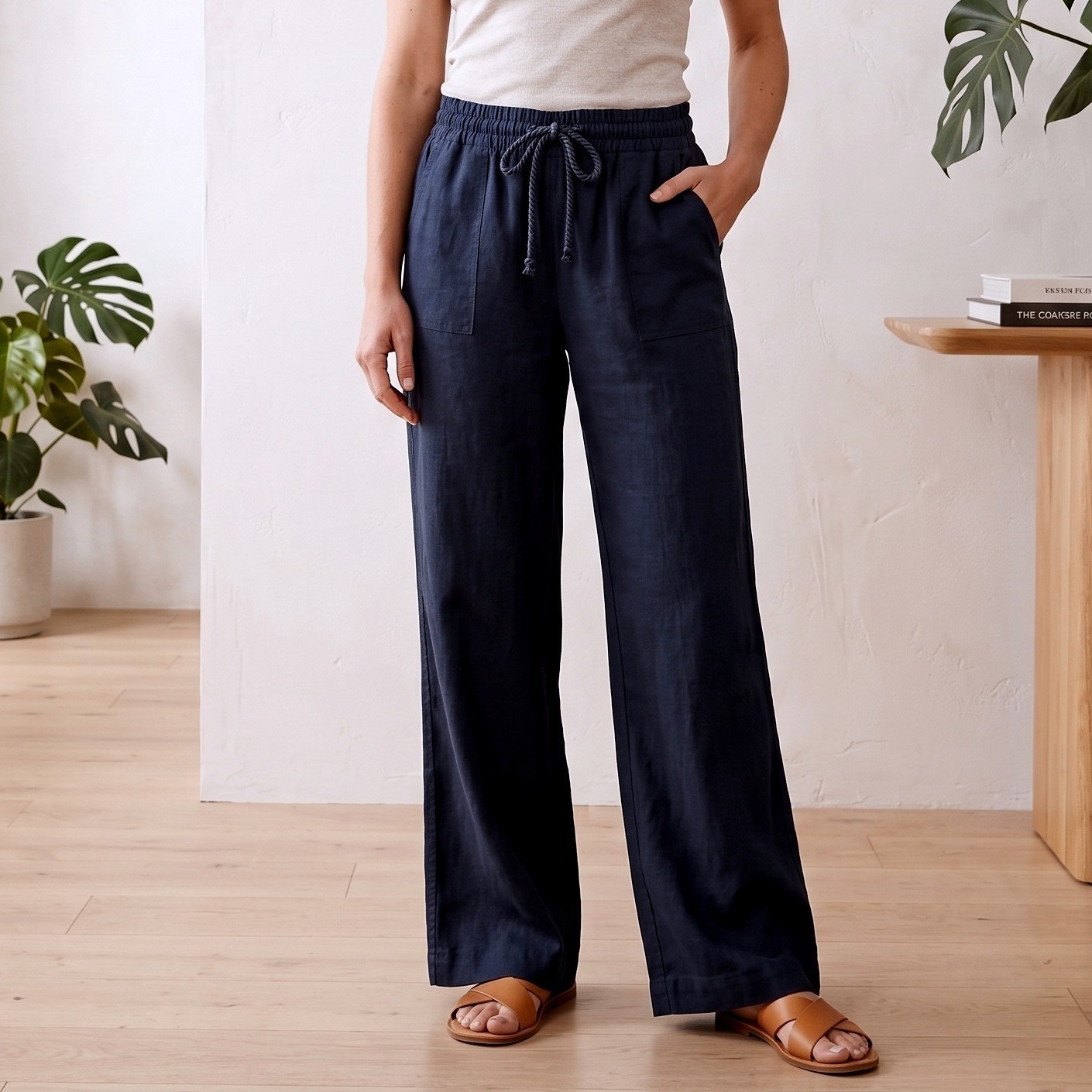Ci Sono Linen Blend Wide Leg Pants Womens M Black Smocked Waist Pull On Coastal