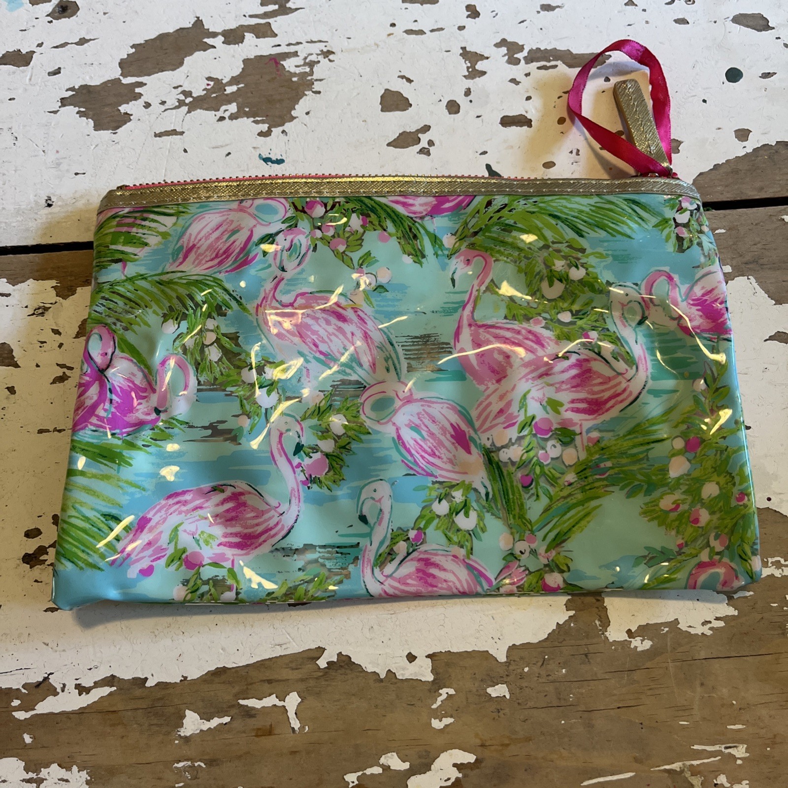 Lilly Pulitzer Pink Flamingo Vinyl Pouch bag zip Pencil Case makeup 8.75”x6”
