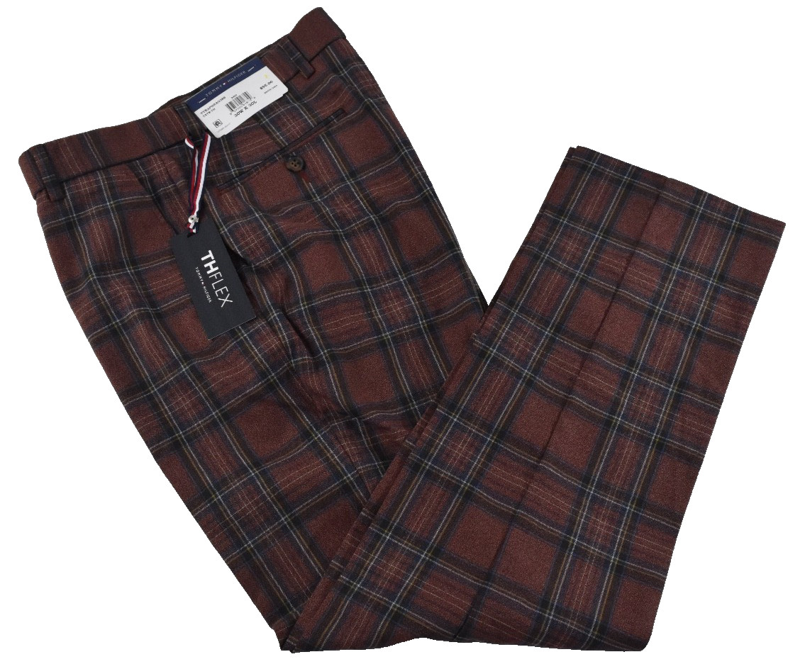 Tommy Hilfiger Men’s Dress Pants New 36 X 30 32 Red Blue Plaid THFlex Flat Front