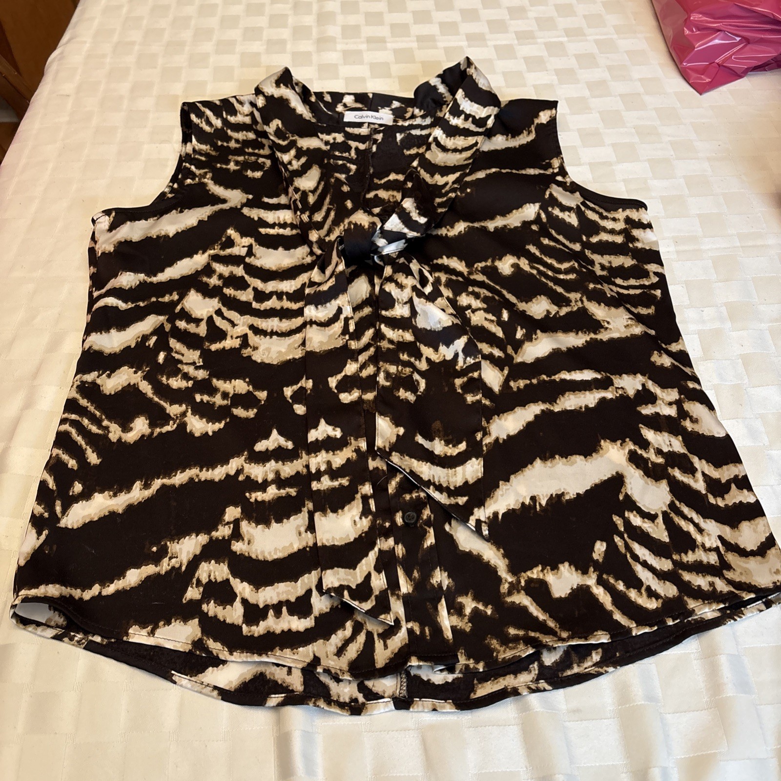 Calvin Klein Zebra Print Brown & Cream Print, Bow Tie V-Neck Button Sleeveless