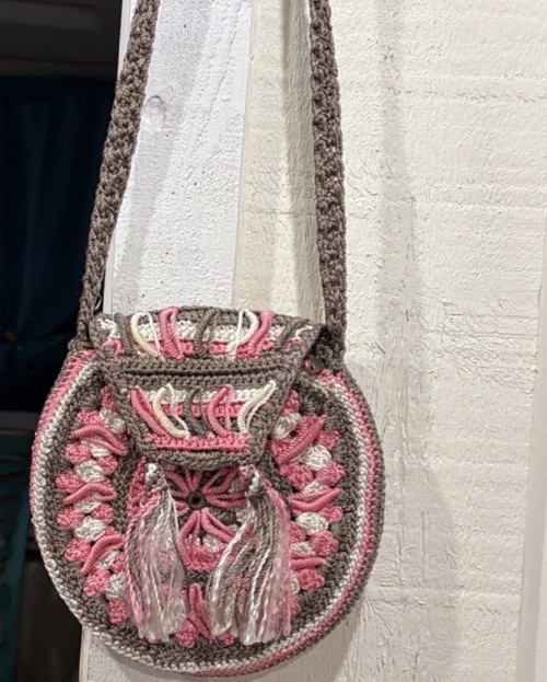 Handmade Round Drawstring Crossbody Bag Fringe Boho Multicolor Hippie 70’s