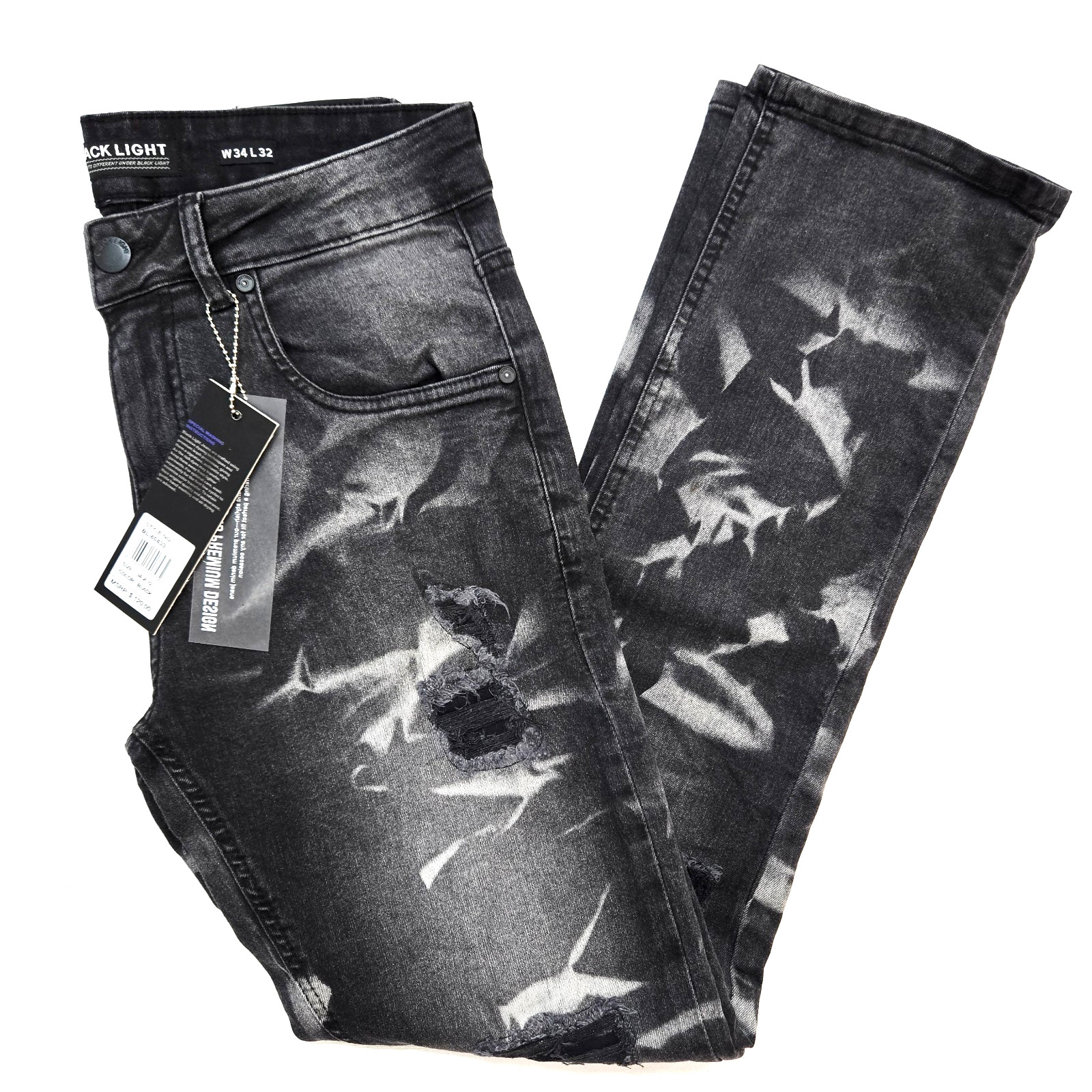 Black Light Men Jeans Stretch Slim Straight Fit Black Distressed Rip Denim