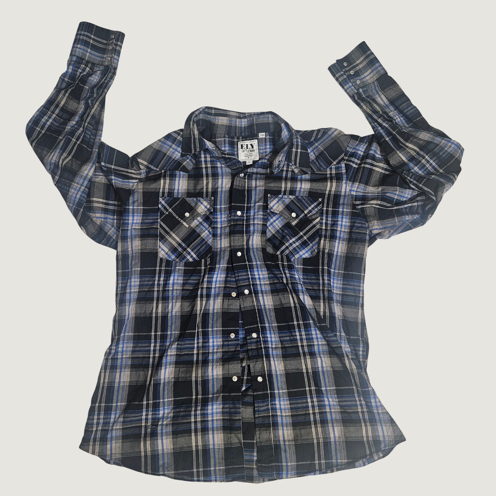 Ely Cattleman Mens Large Western Pearl Snap Shirt Blue Black Plaid Long Sleeve
