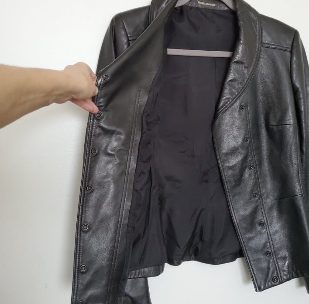 Charles Chang Lima Black Leather Sz 8 Jacket Lambskin Hidden Snap Silk LIned