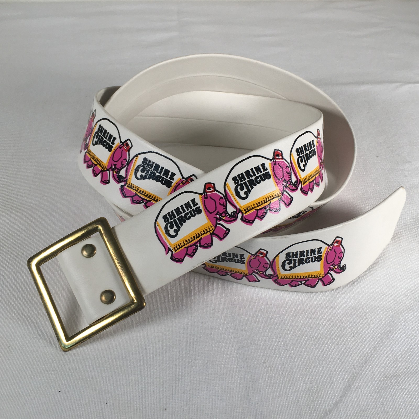 Vtg White Faux Leather Belt Shrine Circus Pink Elephants 52″ Gold Tone Buckle