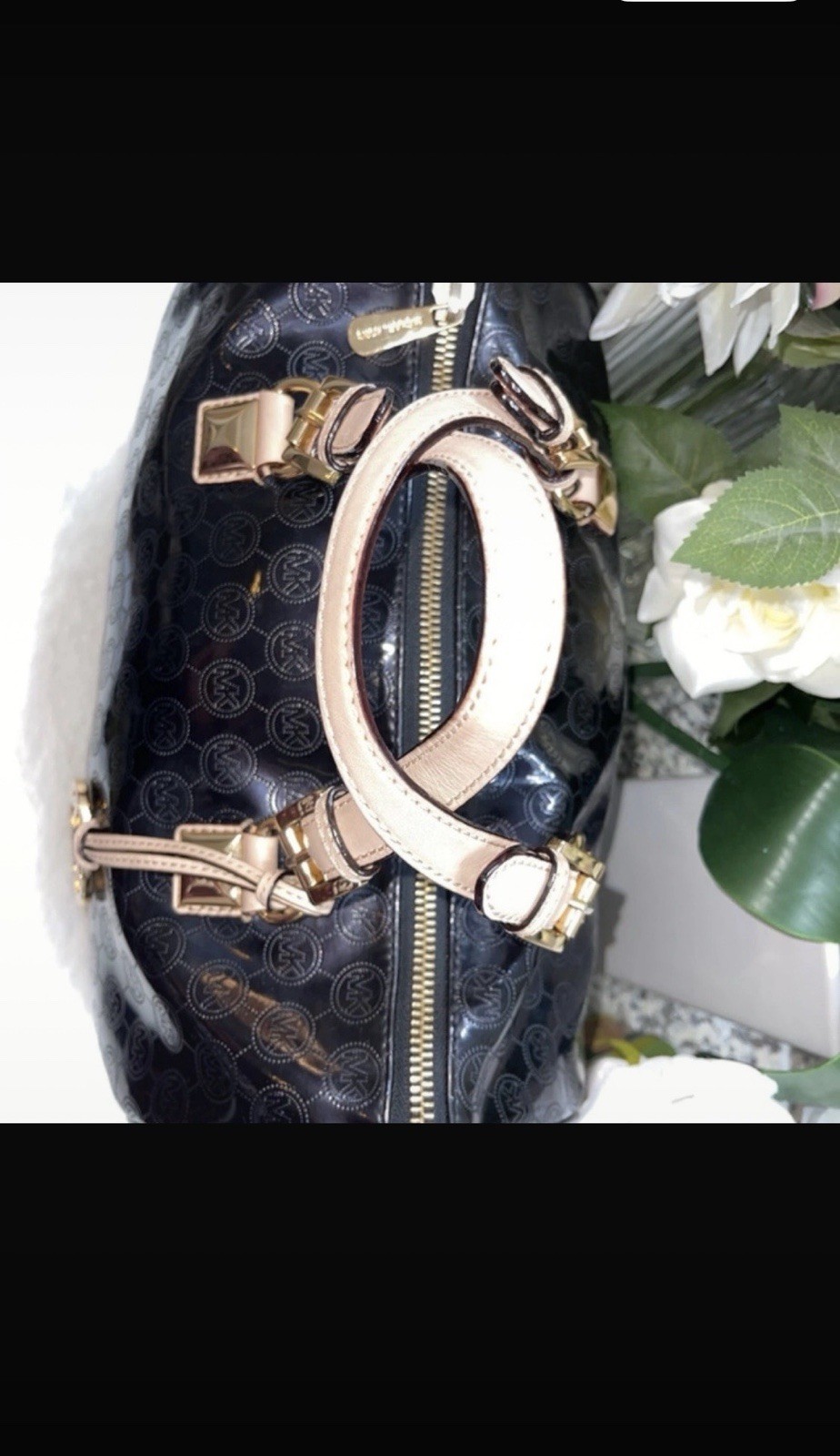 Michael Kors Black Beige Logo Satchel Zip Gold Hardware Charm Bottom Studs