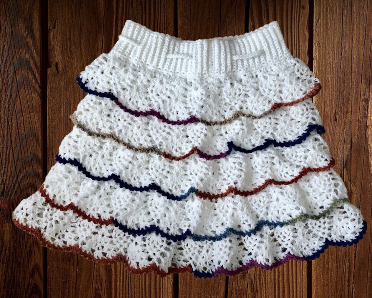 Handmade Crochet Ruffle Mini Skirt White Multicolour Boho Festival UK Size S