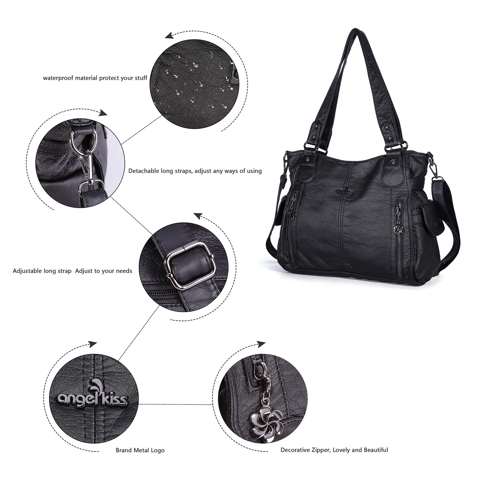 Handbag Hobo Women Shoulder Bag/Handbag Roomy Multiple Pockets Large, A-black