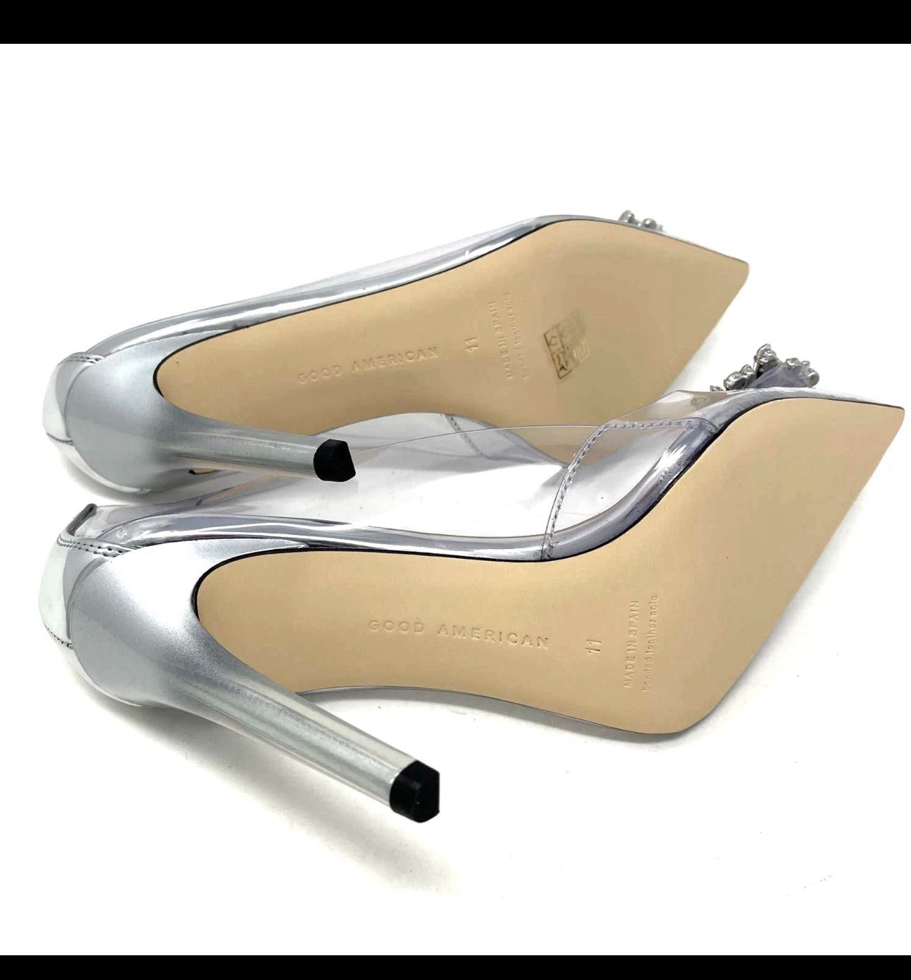 Good American Silver/Clear Leather Rhinestone Pointed Toe Stiletto Pumps 8