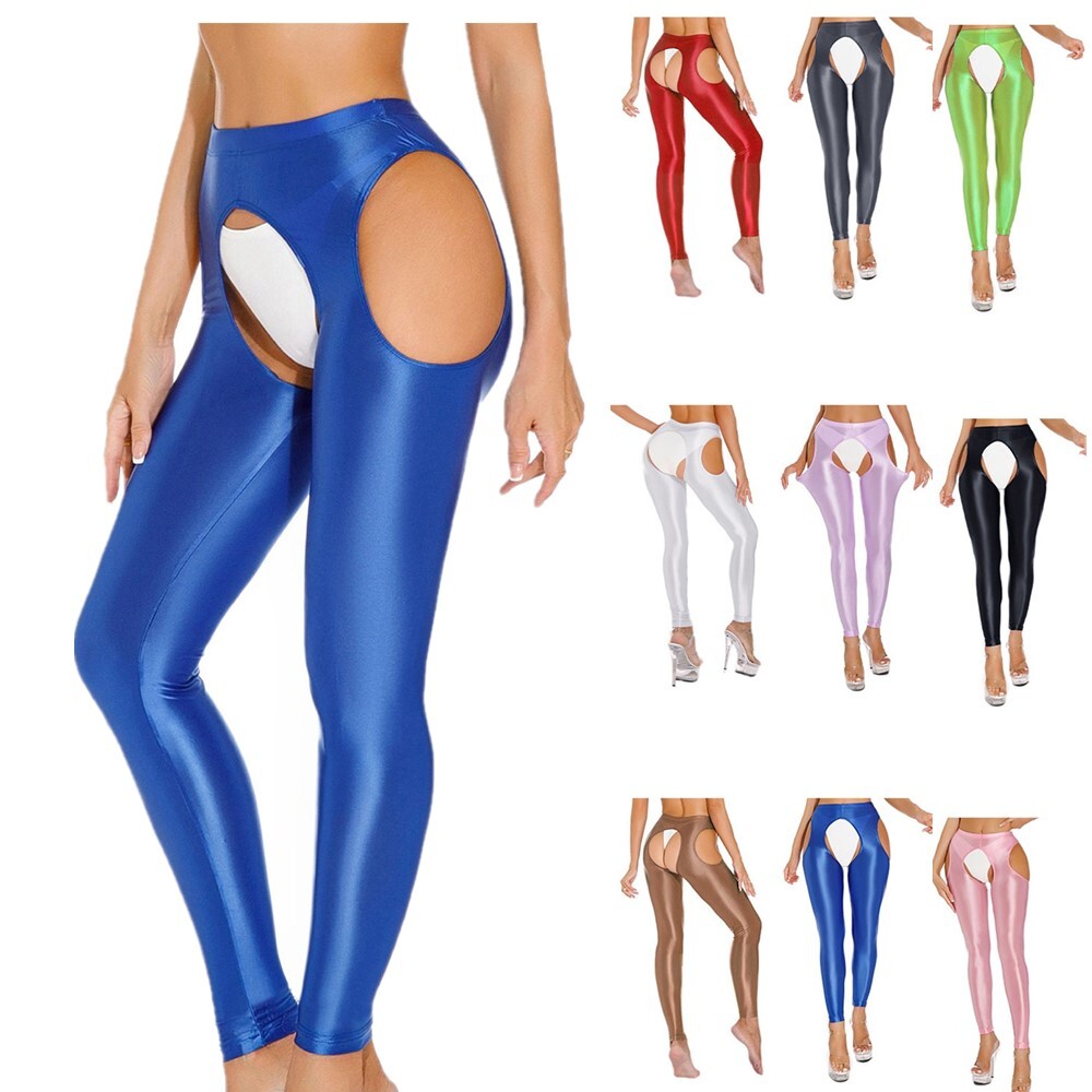US Womens Glossy Crotchless Tights Pants Stretchy Elastic Fitness Yoga Trousers