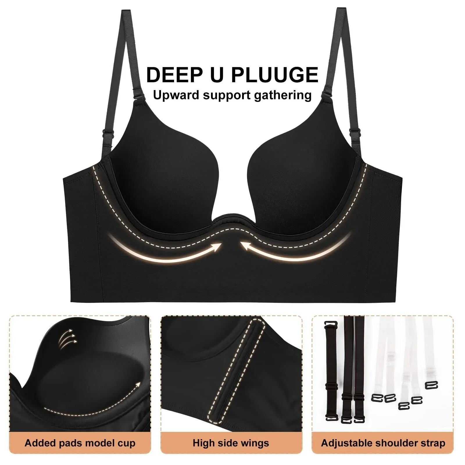 Push Up Bra Backless Women Low Cut Plunge Invisible Seamless Deep U Lingerie Hot