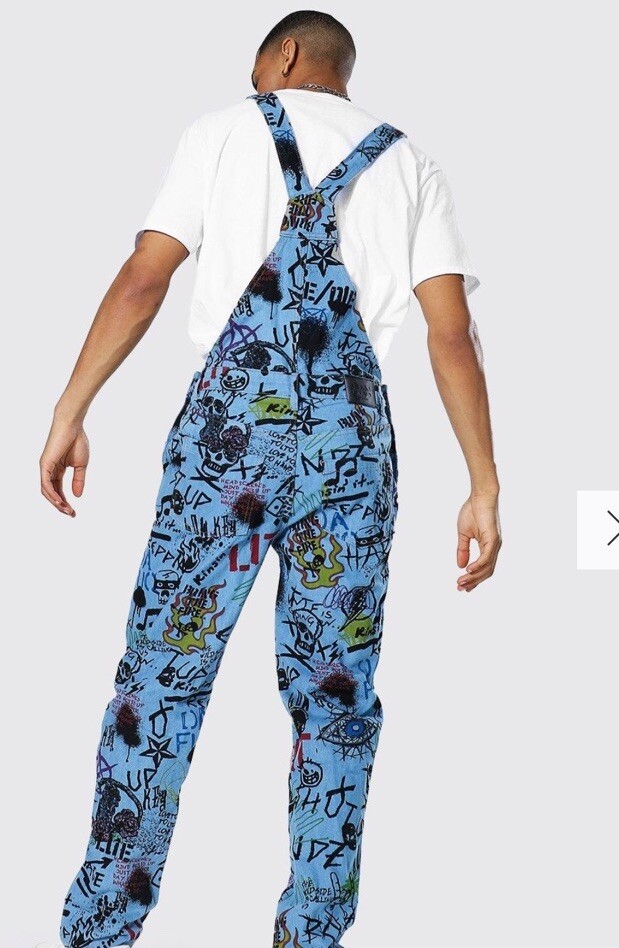 MAN boohooman Denim Graffiti Overalls Size Small