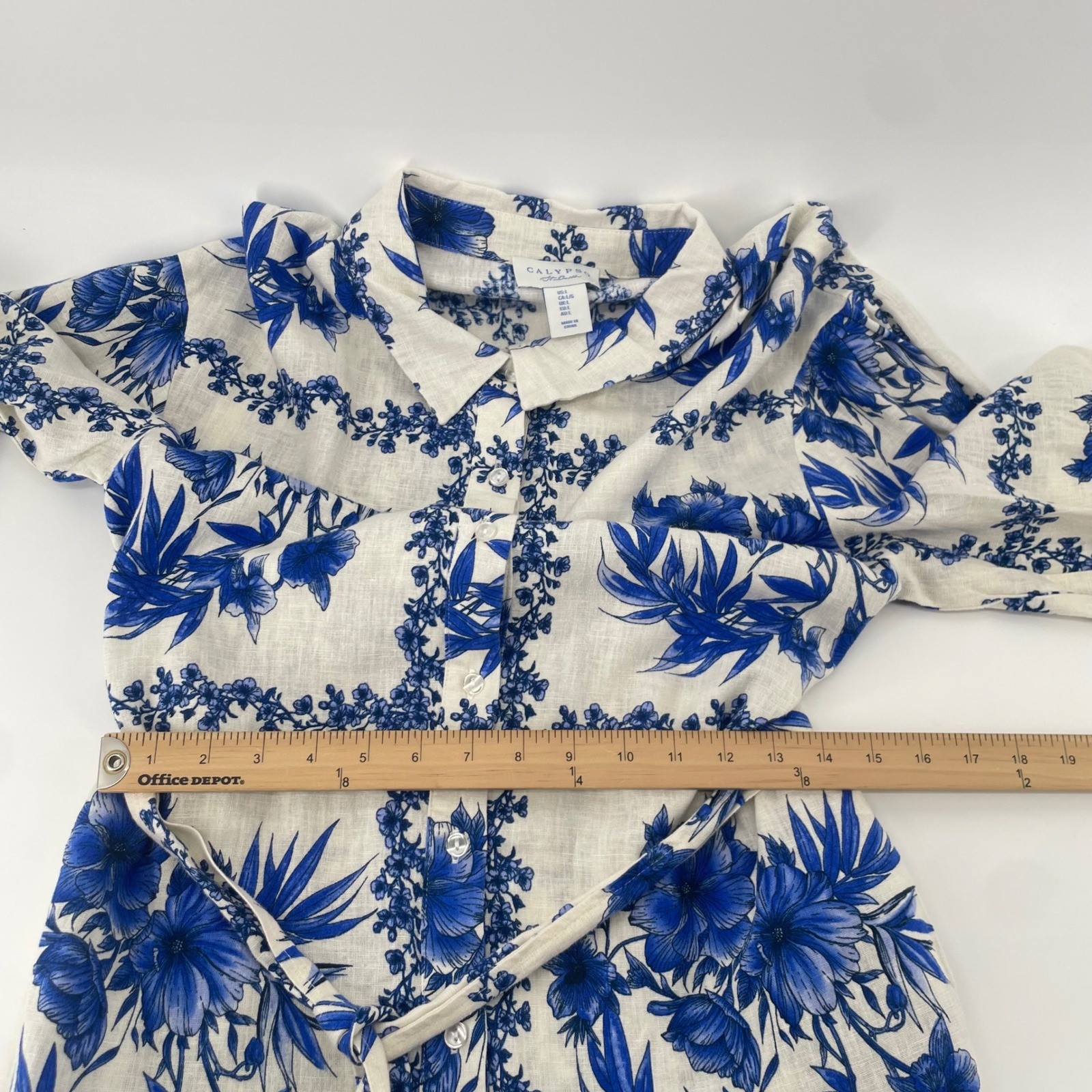 Calypso St Barth Shirt Dress Womens L Blue Floral Linen Tiered Belted Mini NWT