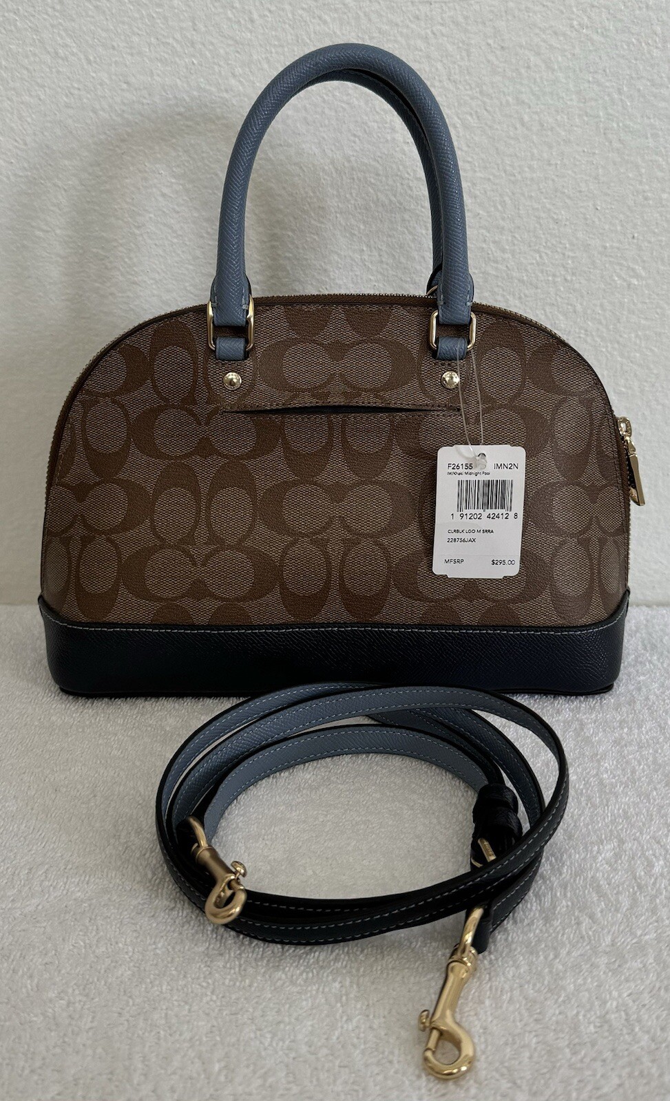 COACH Mini Sierra Satchel Logo Khaki /Midnight Pool / Brown Leather Bag $295 NEW
