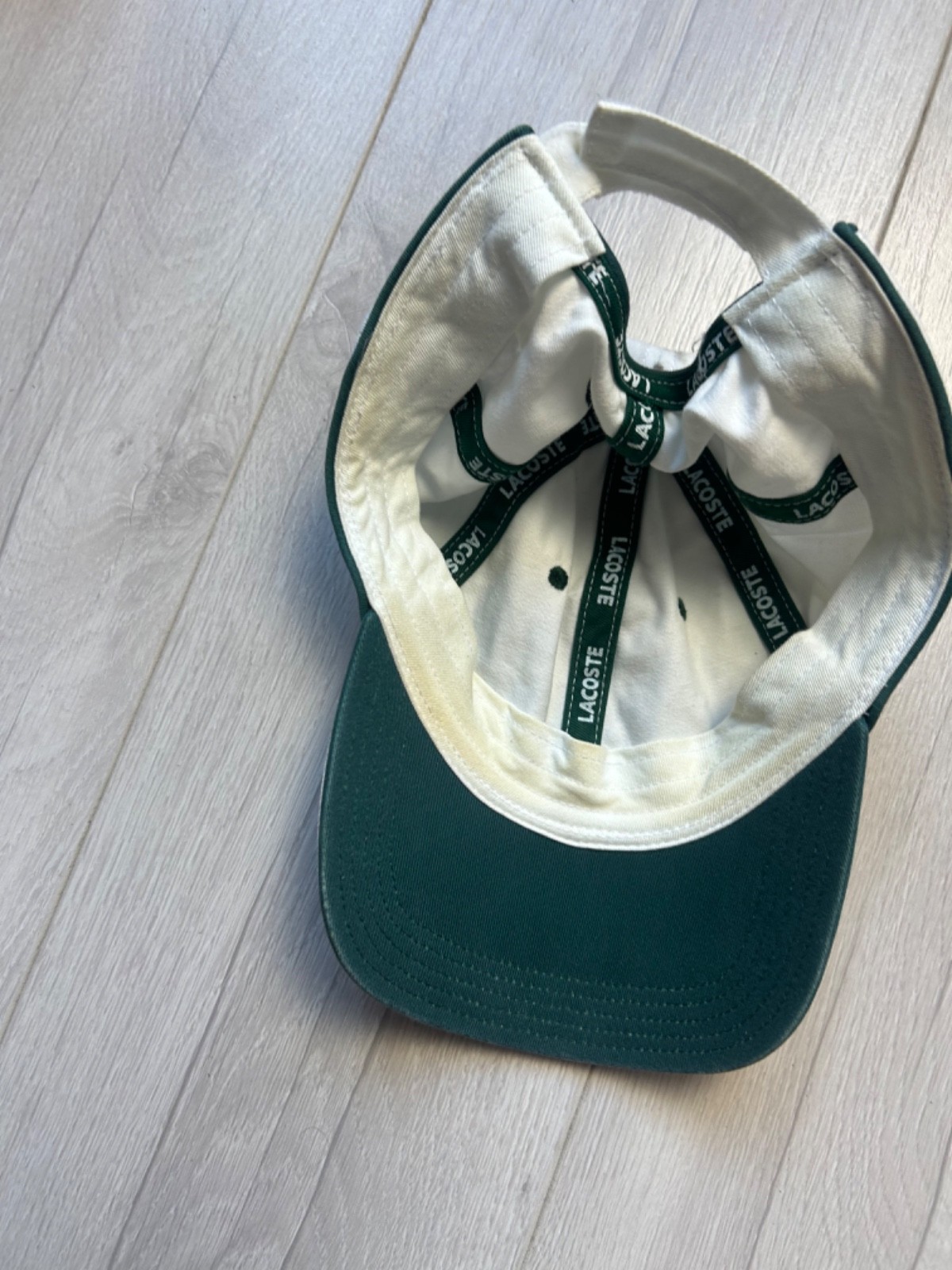 Vintage Lacoste Baseball Cap Hat White Green Spellout Embroidered Logo Strapback