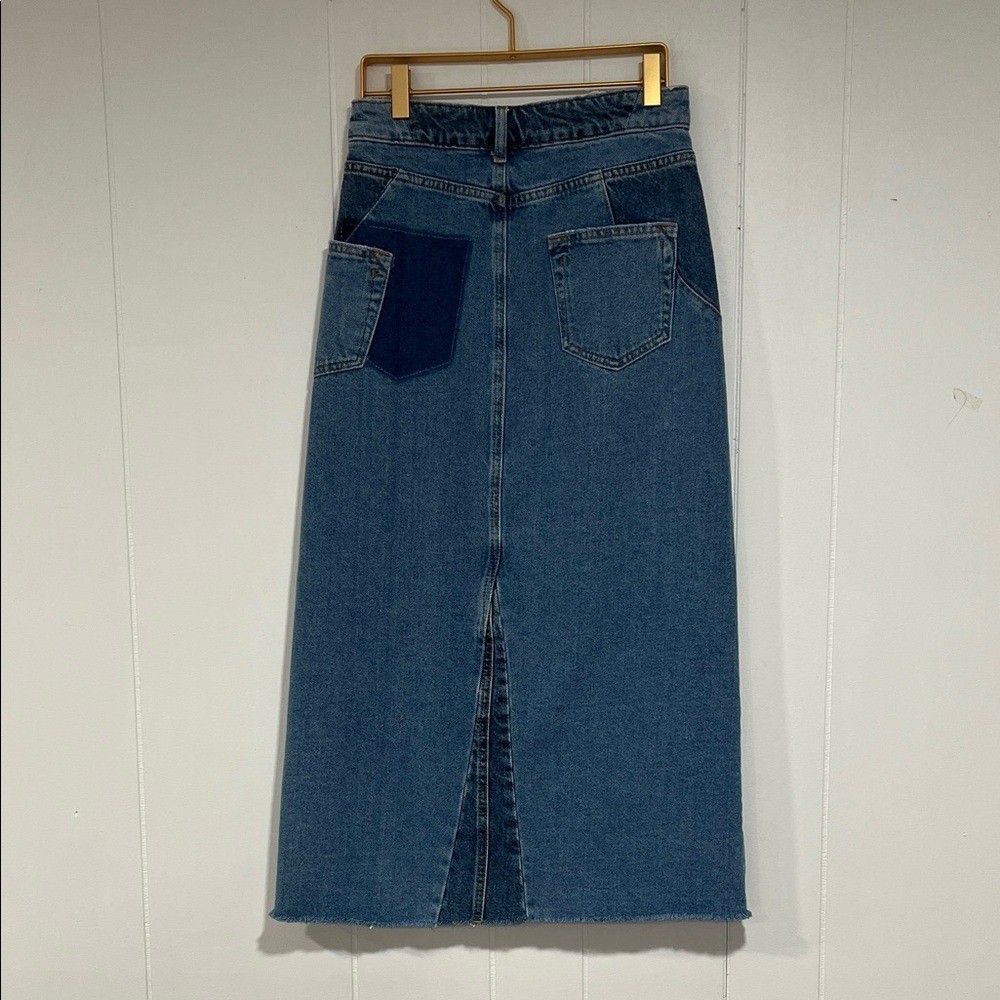 Zara High-Waisted Long Denim Skirt Front Slit Raw Hem sz XS