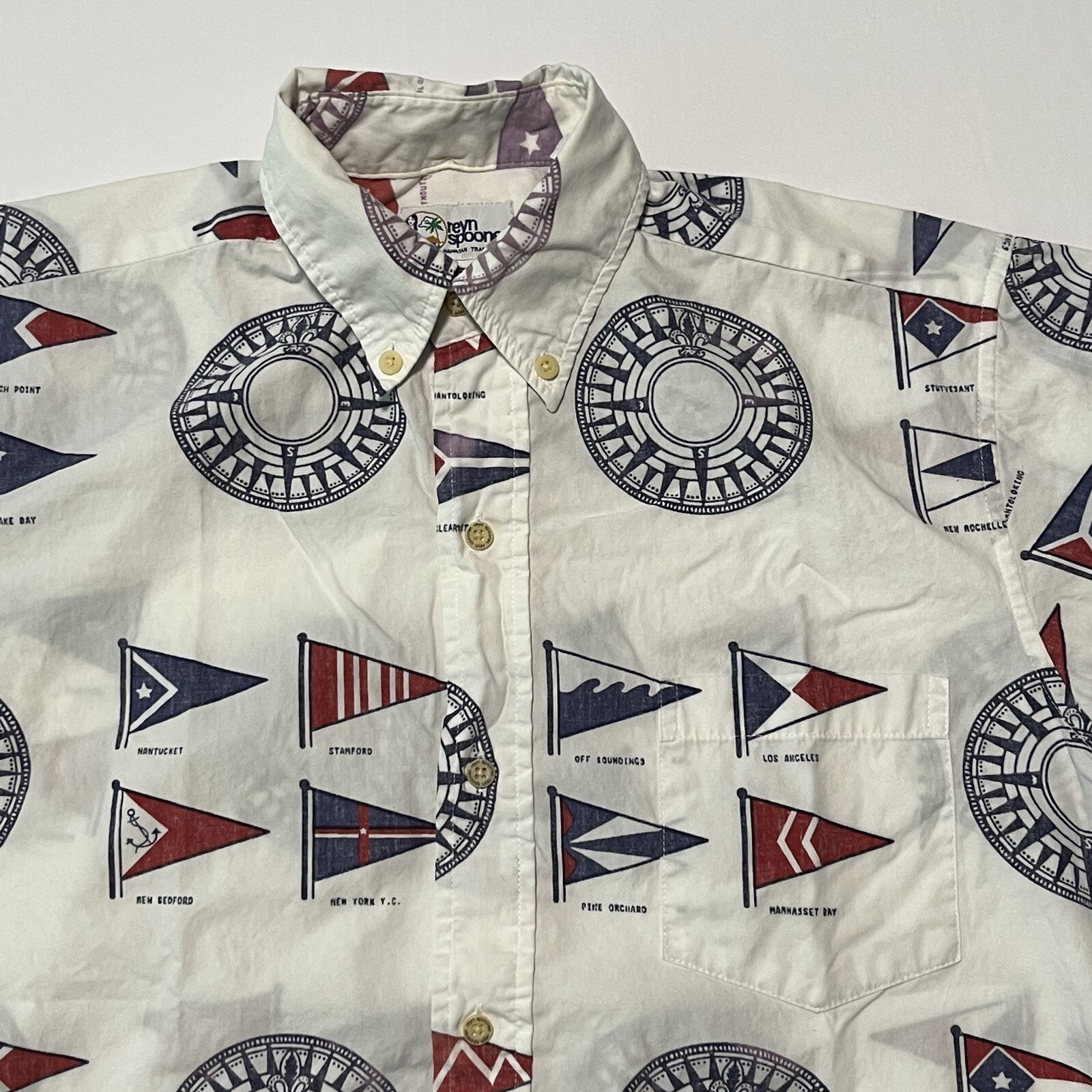 Reyn Spooner SMALL Nautical Flag Hawaiian Aloha Shirt Sailing Compass White S