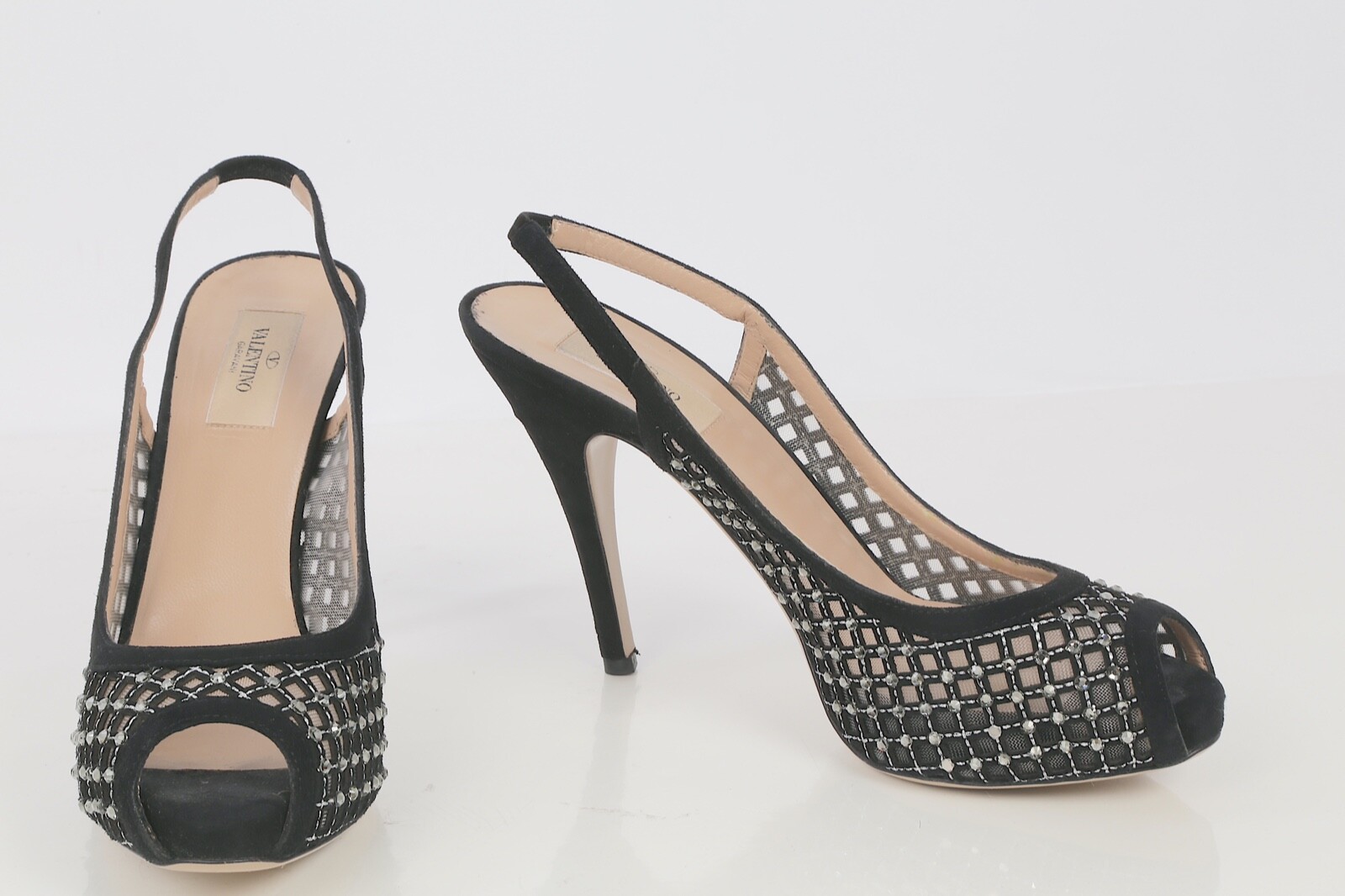 Valentino Garavani Crystal Perforated Peep Toe Slingback Heels Sandals Size 39.5