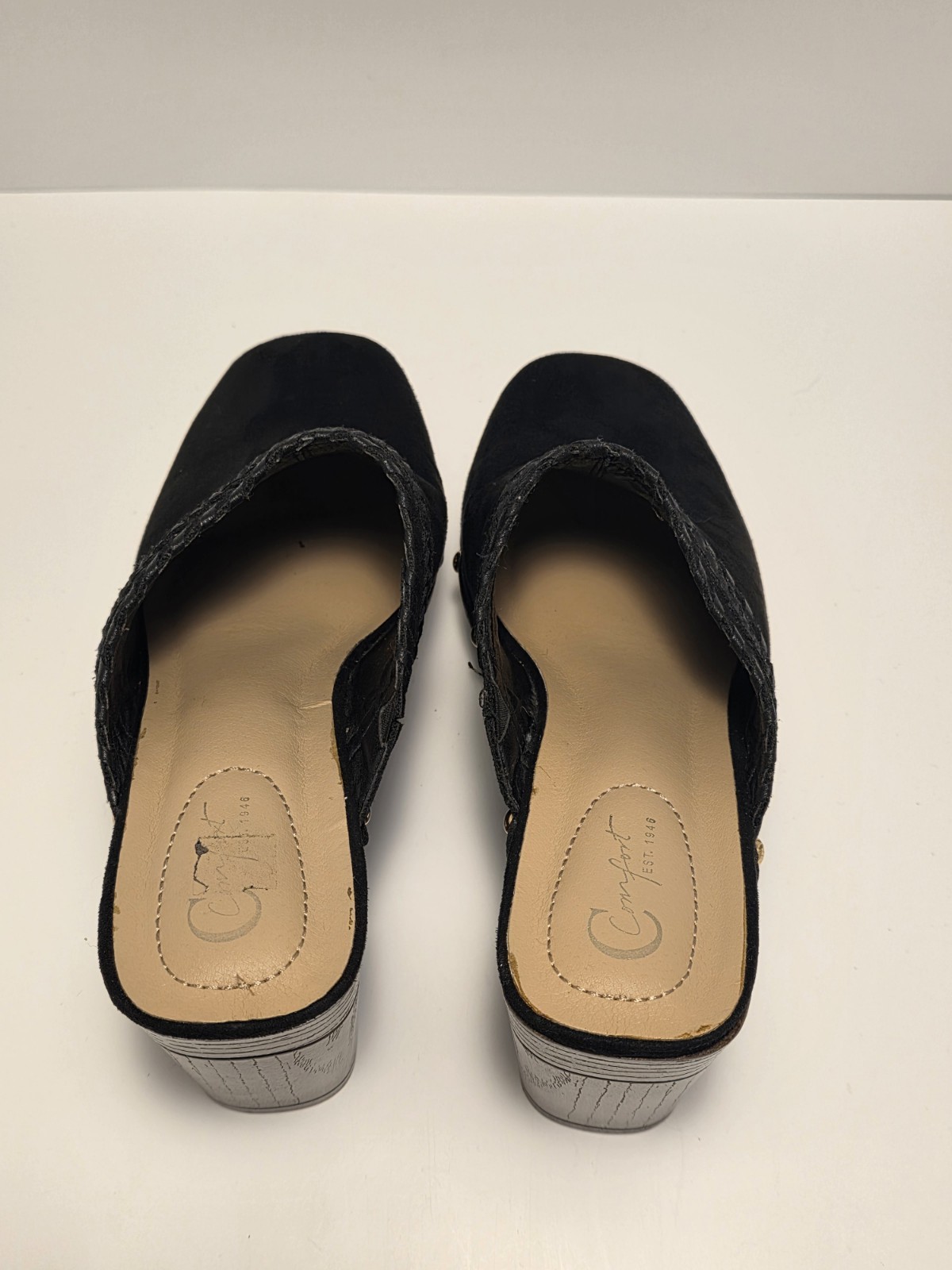 J Crew Faux Suede Clogs Mule Braided Strap Studded Wood Heel – Size 9m