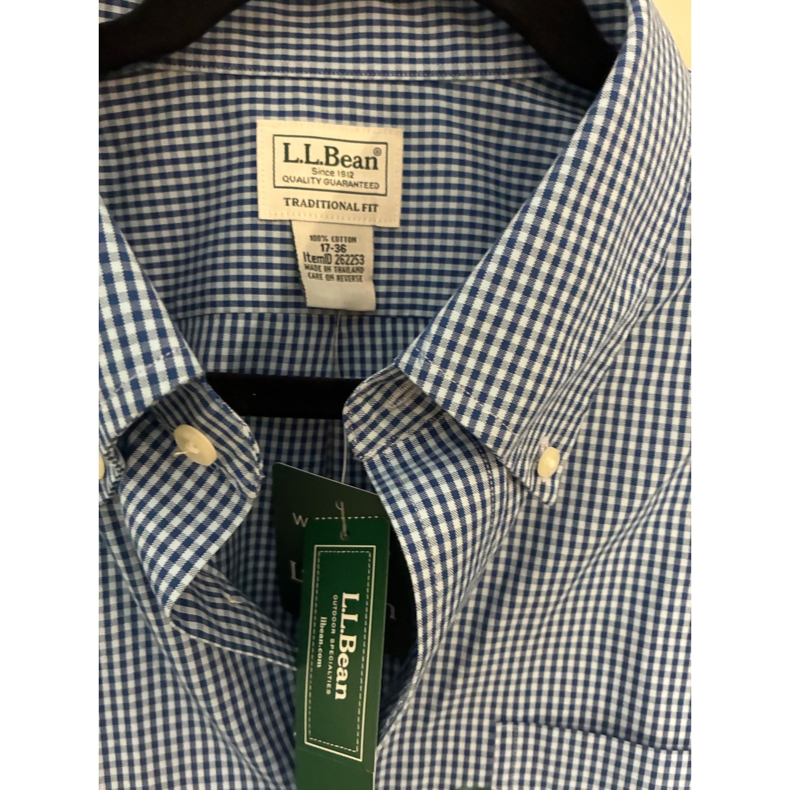 L.L. Bean Button Down Mens 17×36 Blue Gingham Wrinkle Free Oxford Shirt Preppy