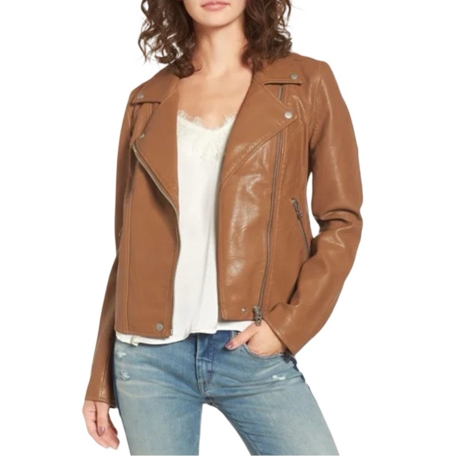 Blank NYC Tan Faux Leather Moto Jacket Size Small