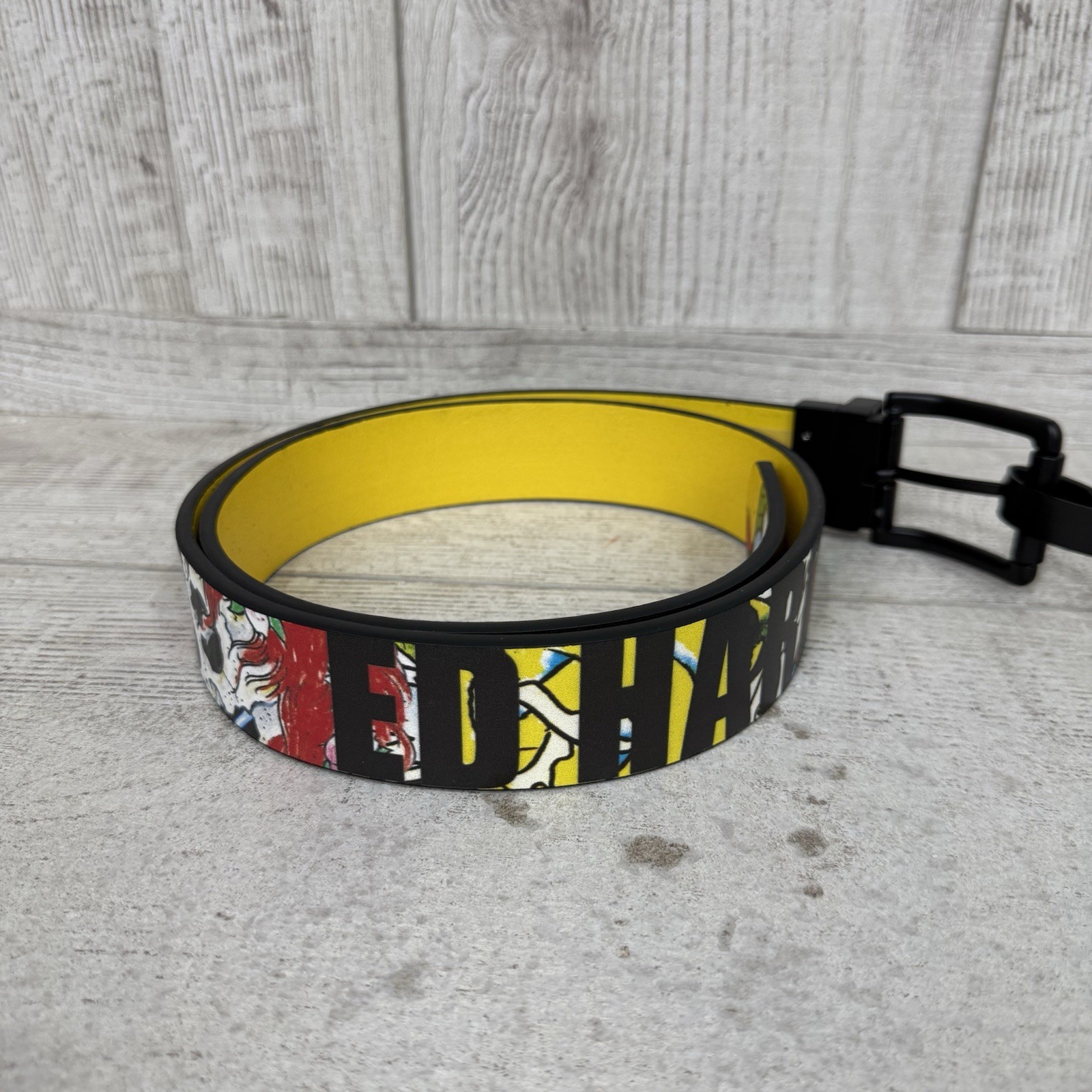 Ed Hardy Men’s Size 36 Reversible Black Leather Belt Dragon Heart Skull Tattoos