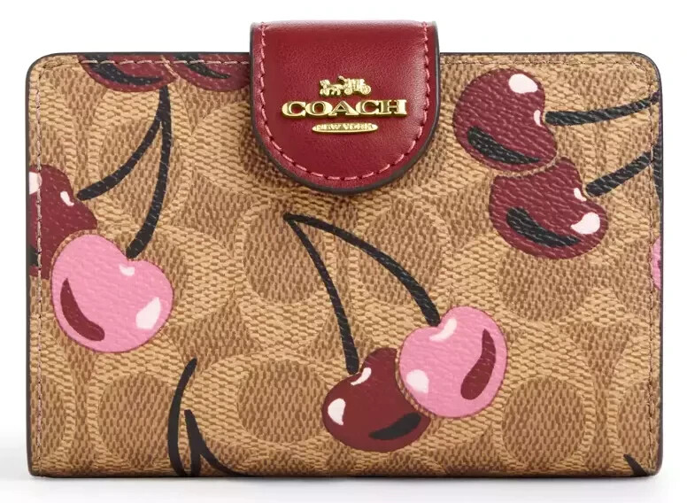 🍒Coach Medium Corner Zip Wallet CZ342 Signature Canvas w/Cherry Print NWT🍒