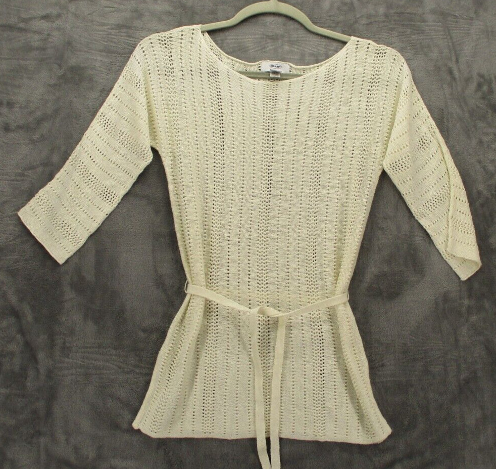 Old Navy Sweater Women’s Small Sheer 3/4 Sleeve Open Tight Knit Beige Belted