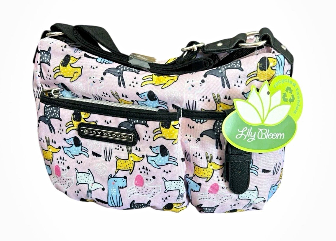 Lily Bloom Women’s Dog Print Pink/Multicolor Crossbody Zip Bag Adjustable Strap