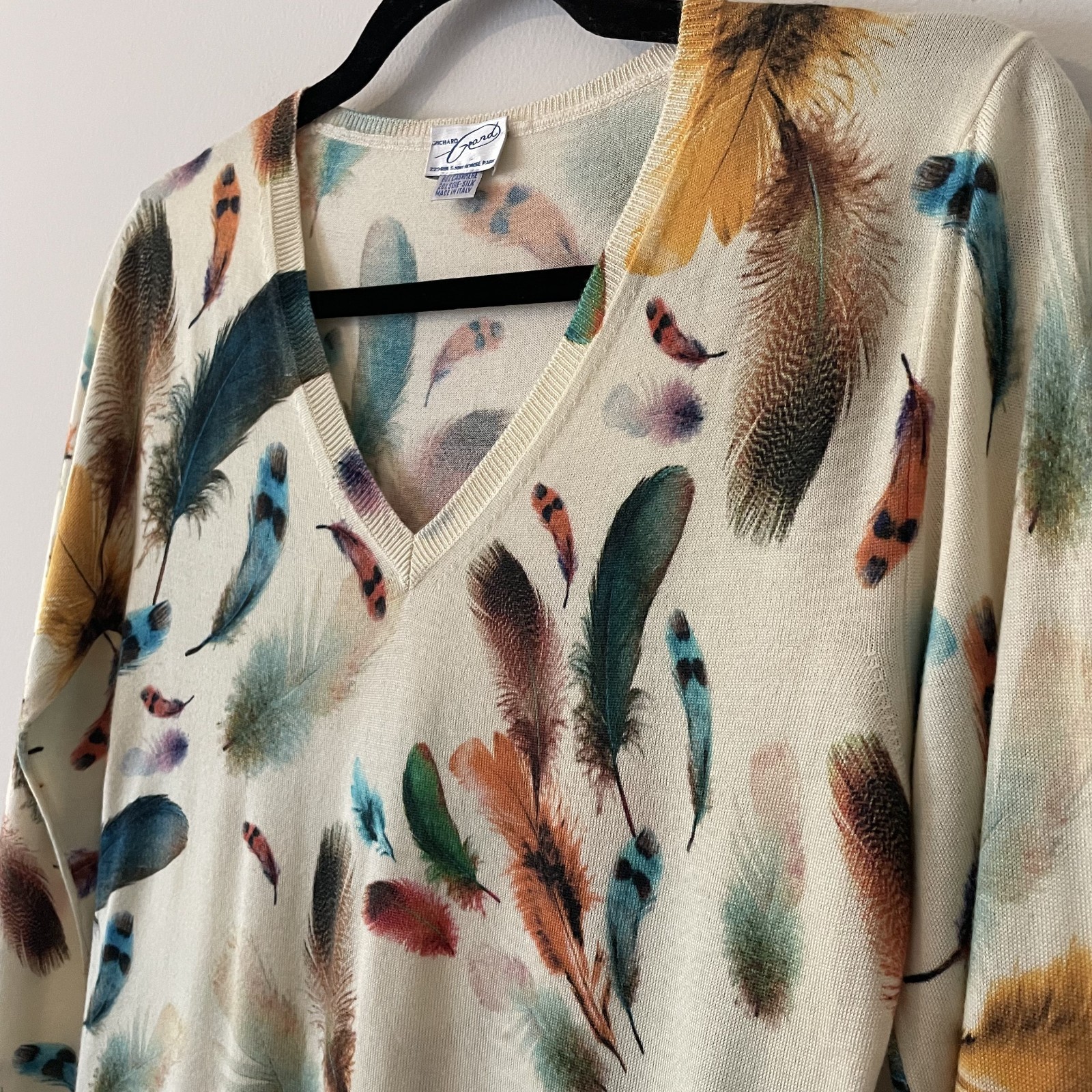 Richard Grand Cashmere Silk Feather Printed Knit Sweater Size S Novelty Luxury