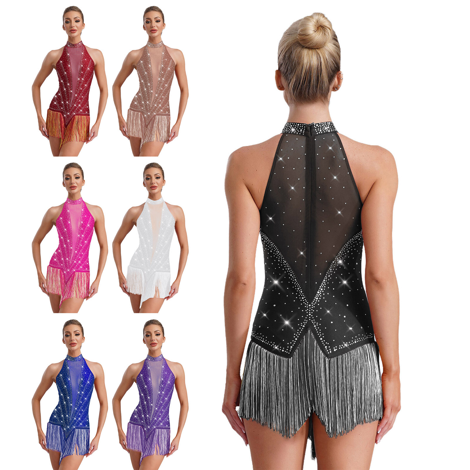 Women~Modern Dance Costume Sleeveless Sequin Tassel Latin Jazz Leotard Bodysuit