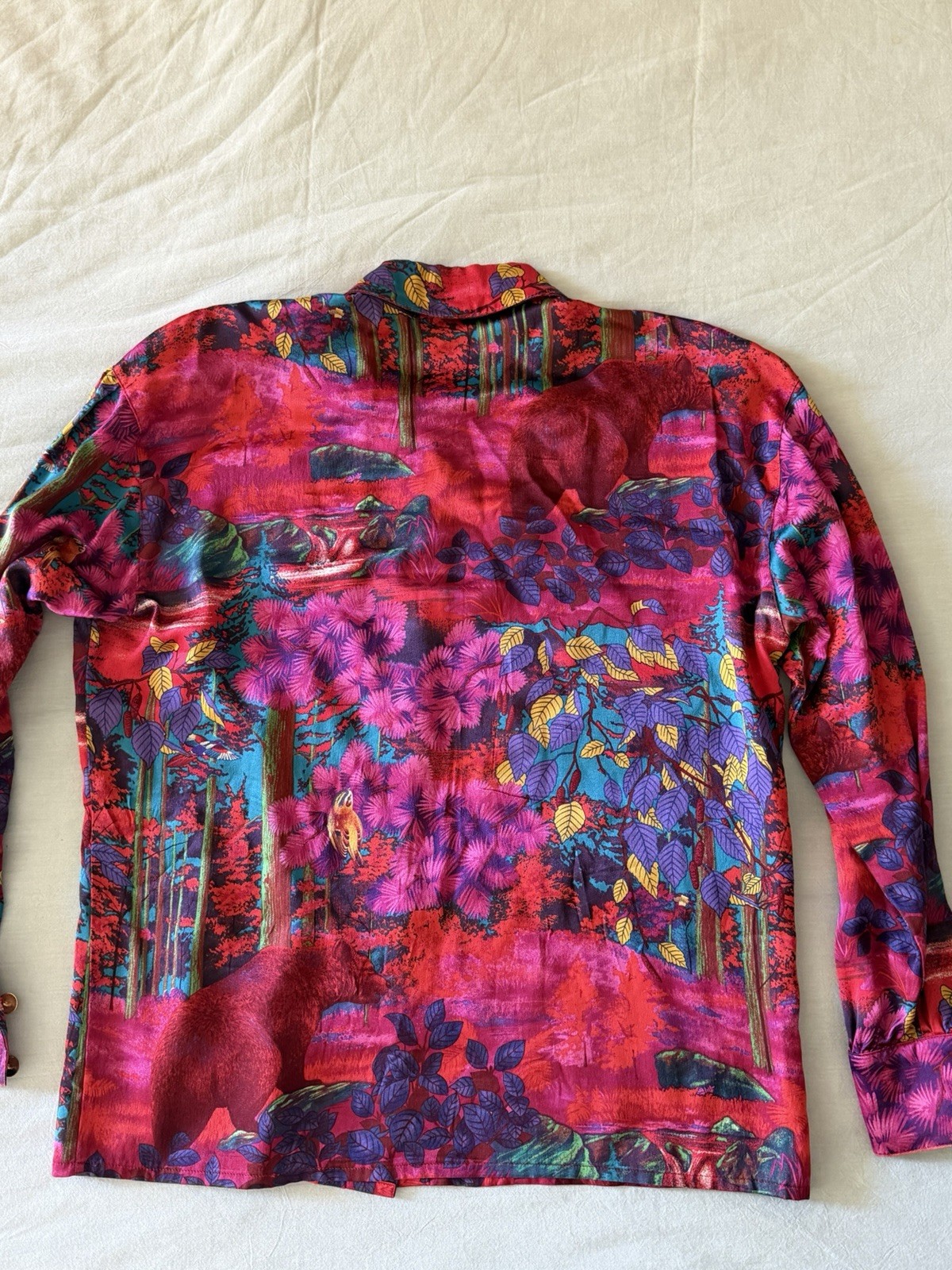 Vintage Escada Silk Blouse Button Up Neon Animal Forest Print Maximalism 36 S/M