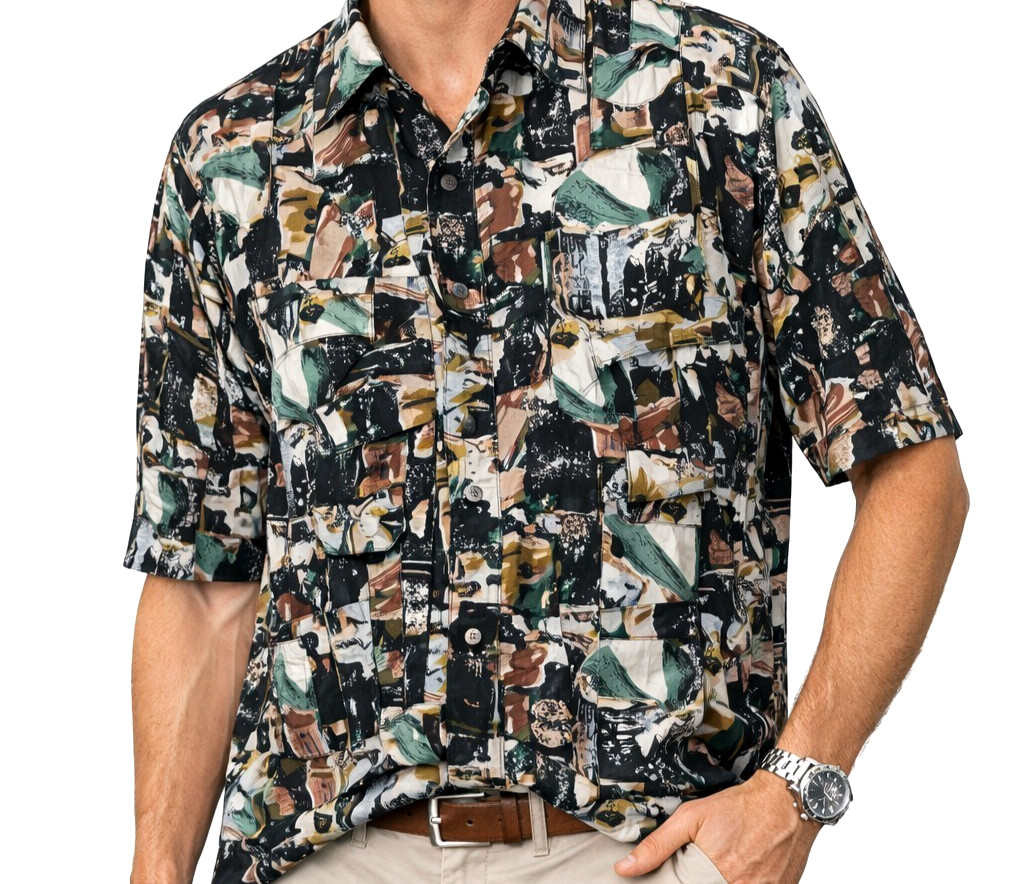 Compass 100% Silk Shirt Mens Medium Abstract Print Hawaiian Camp Shirt