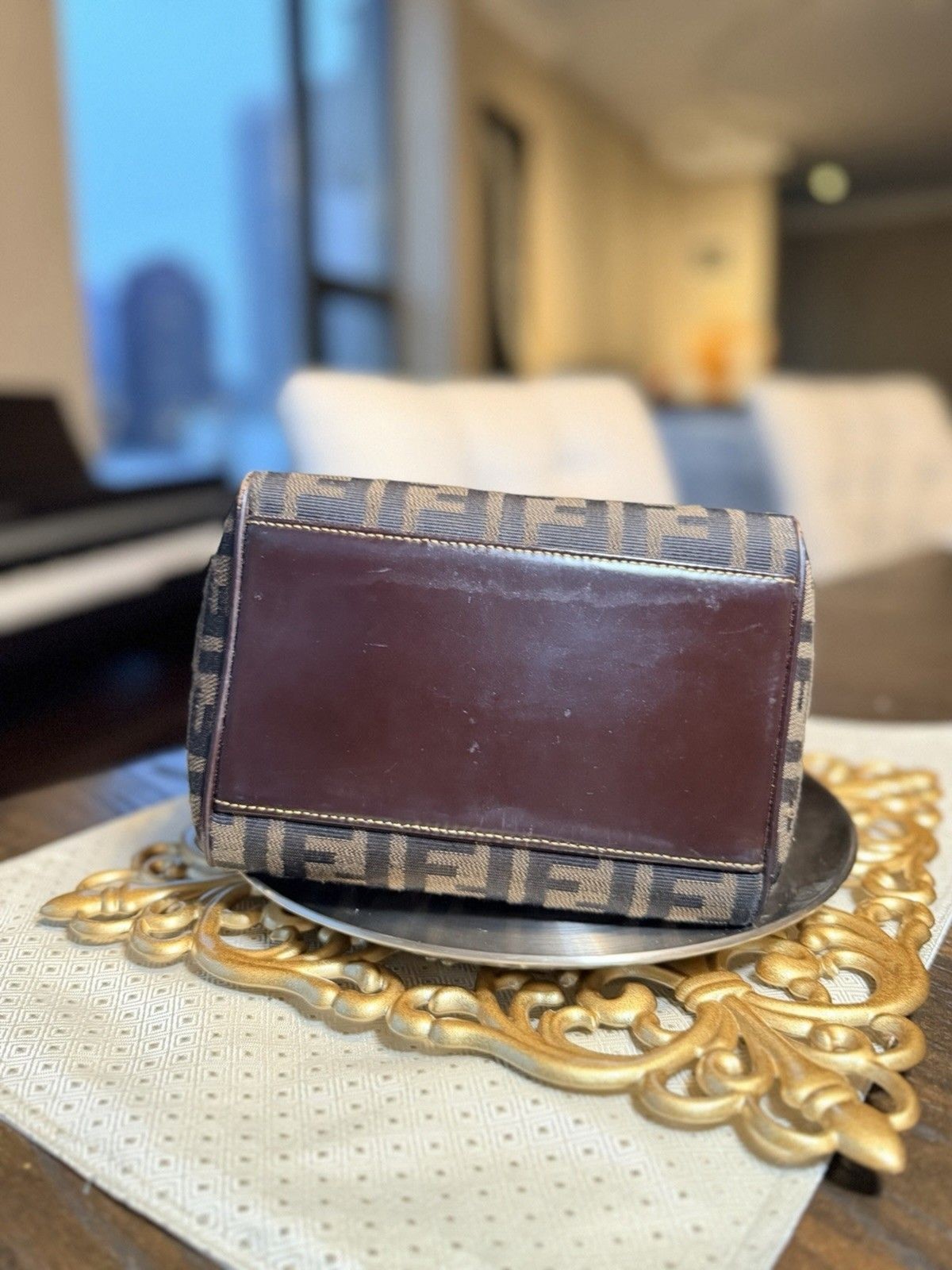 ✨ Authentic Fendi Zucca Shoulder Top Handle Crossbody Bag Canvas & Leather FF