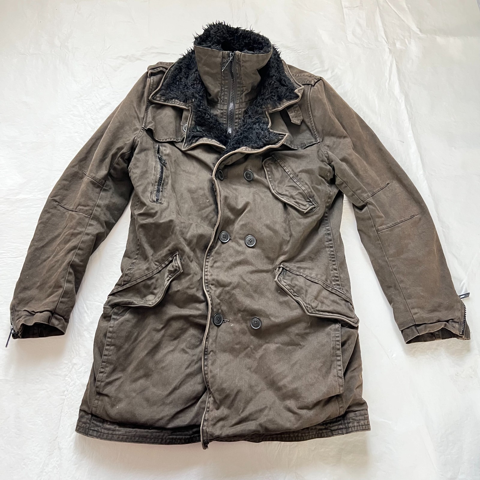 Rogue military style coat mens Medium brown gray canvas faux fur lining zipper