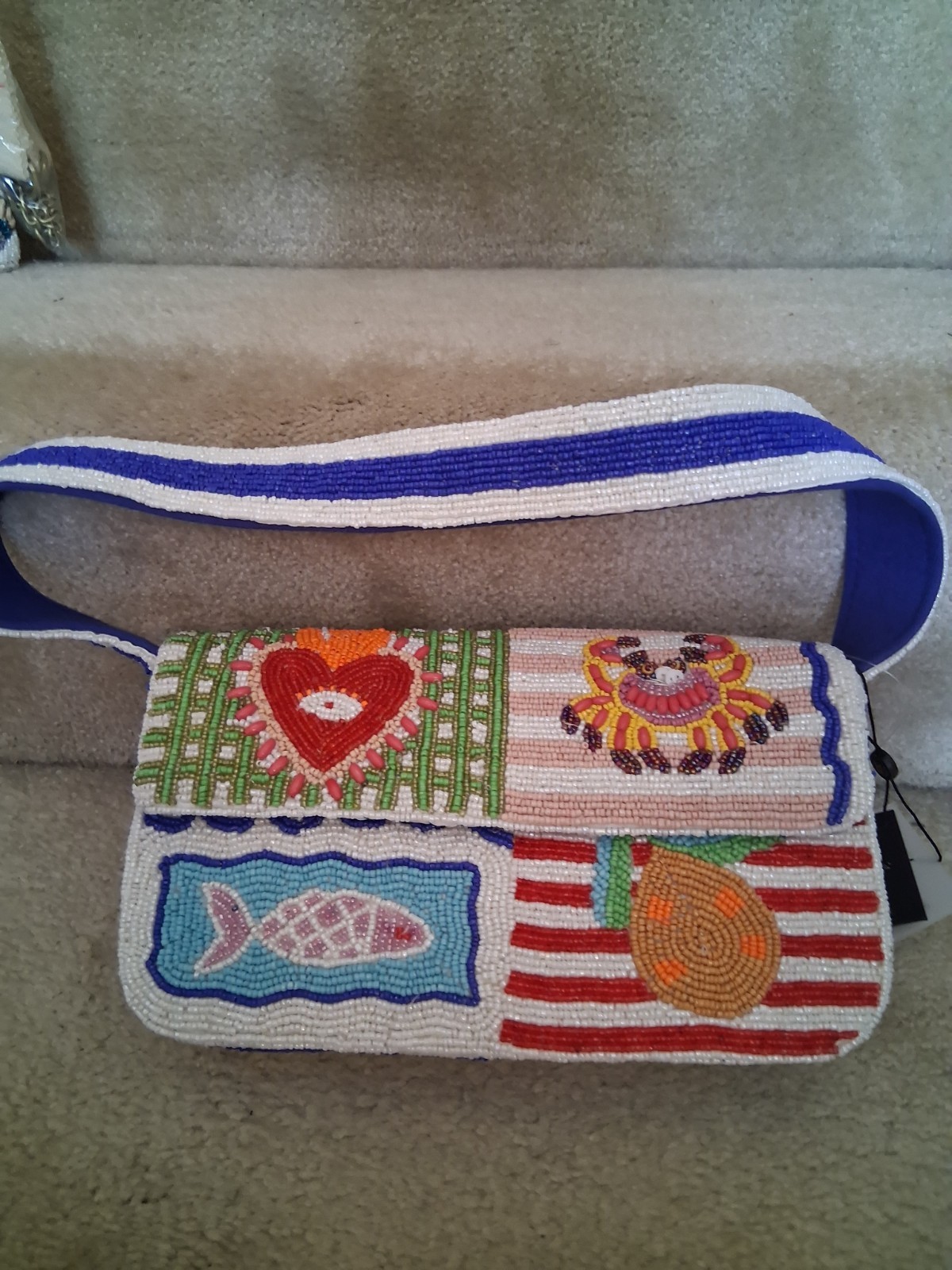 Viral America and beyond Beaded Bag Multicolor Heart Flag Fish Crab Sardine NWT